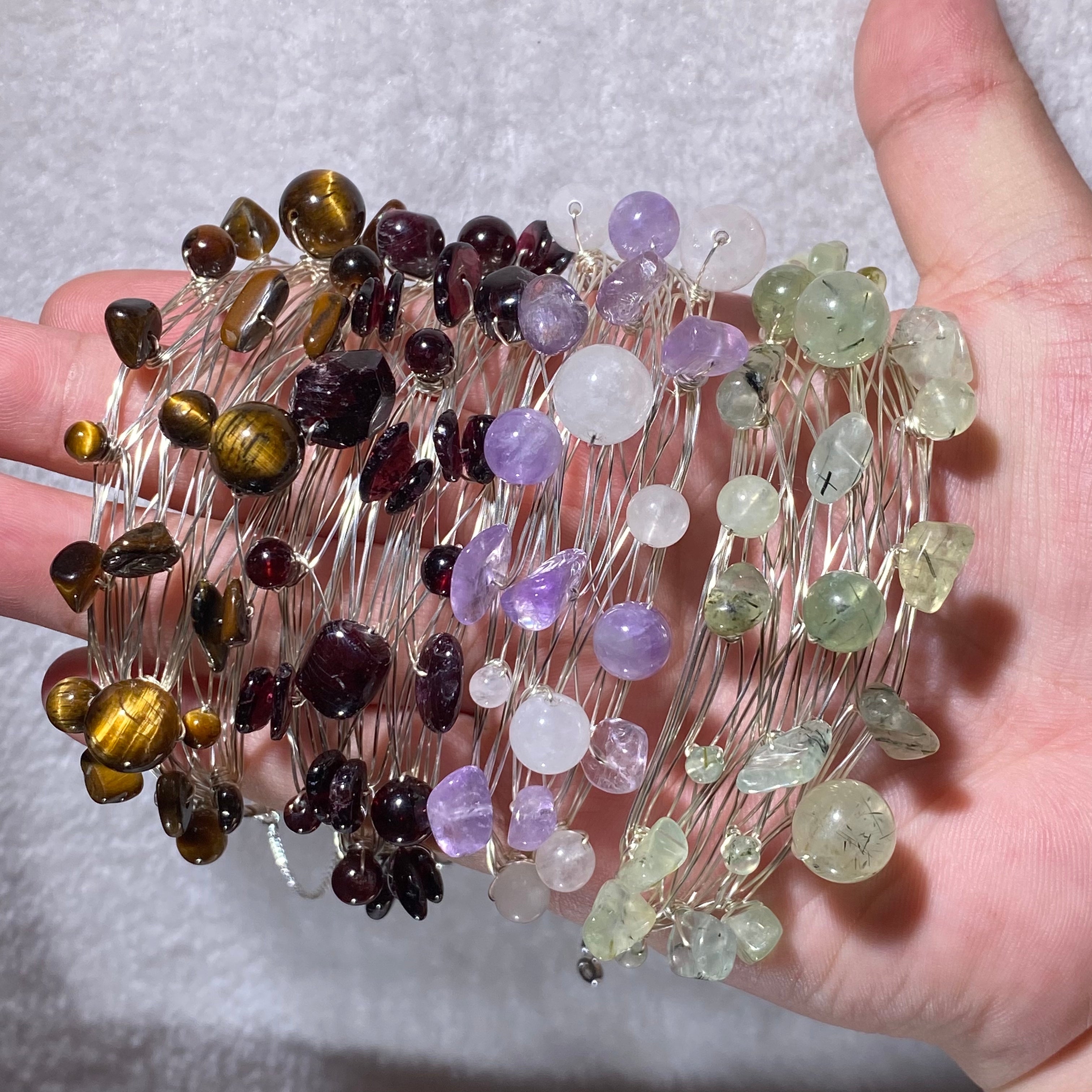 Multi-Layer Wire Wrapped Natural Mixed Tumbled Crystal Chip Cuff Bracelet, Fits 16cm Wrist