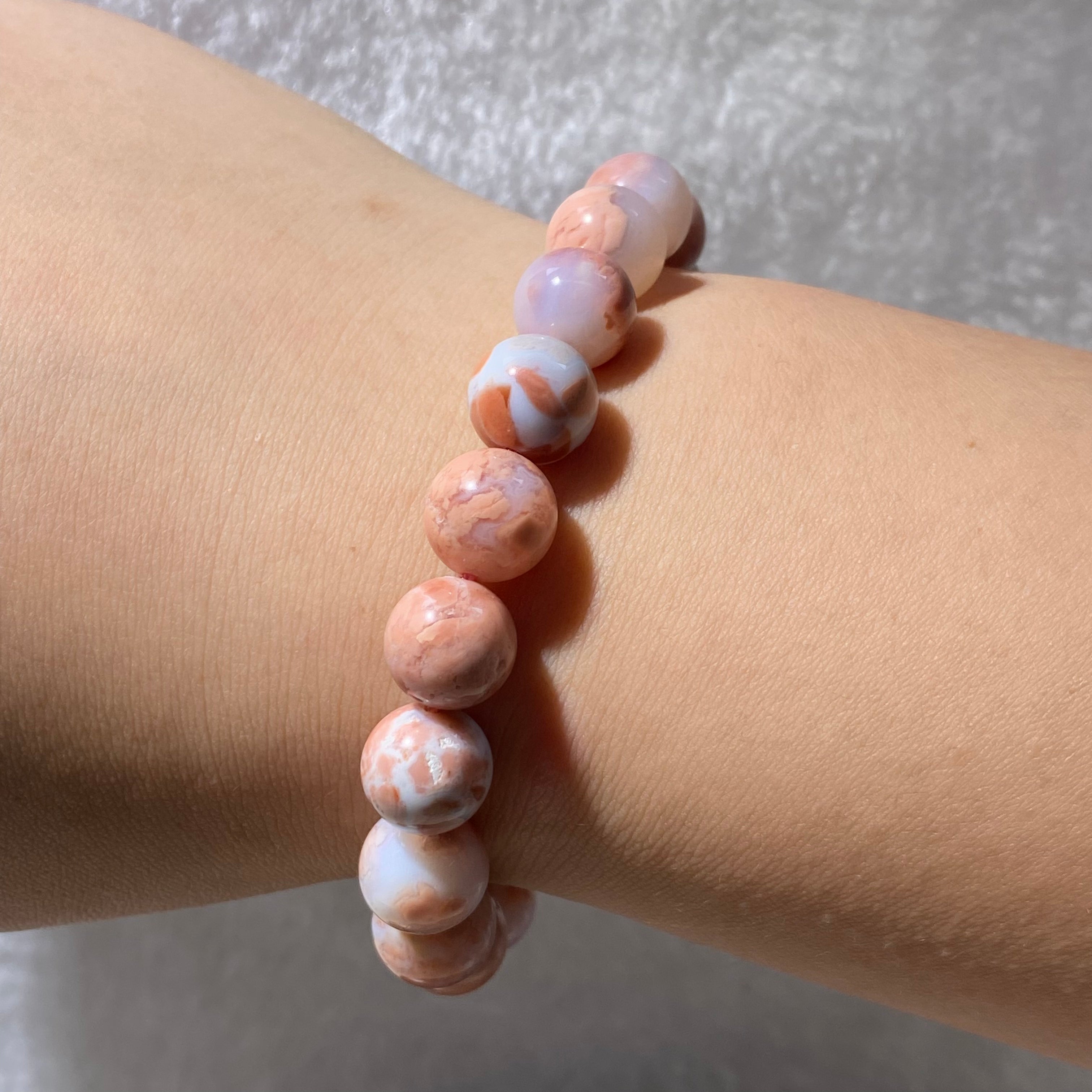 Pink Flower Agate Round Bead Bracelet 10.2mm