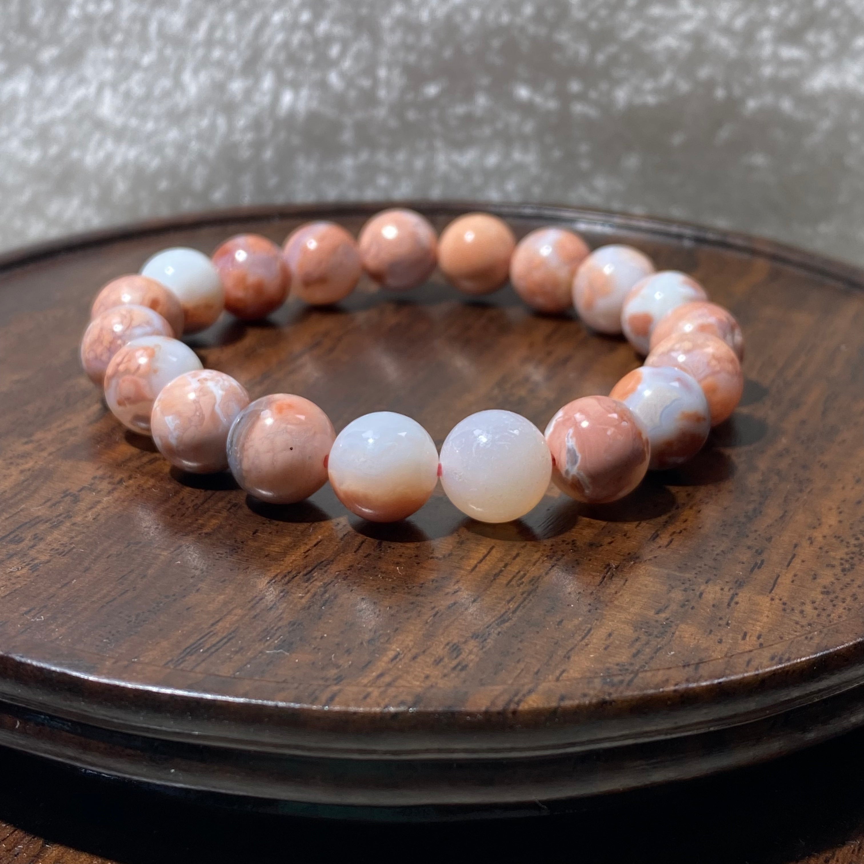 Pink Flower Agate Round Bead Bracelet 10.2mm