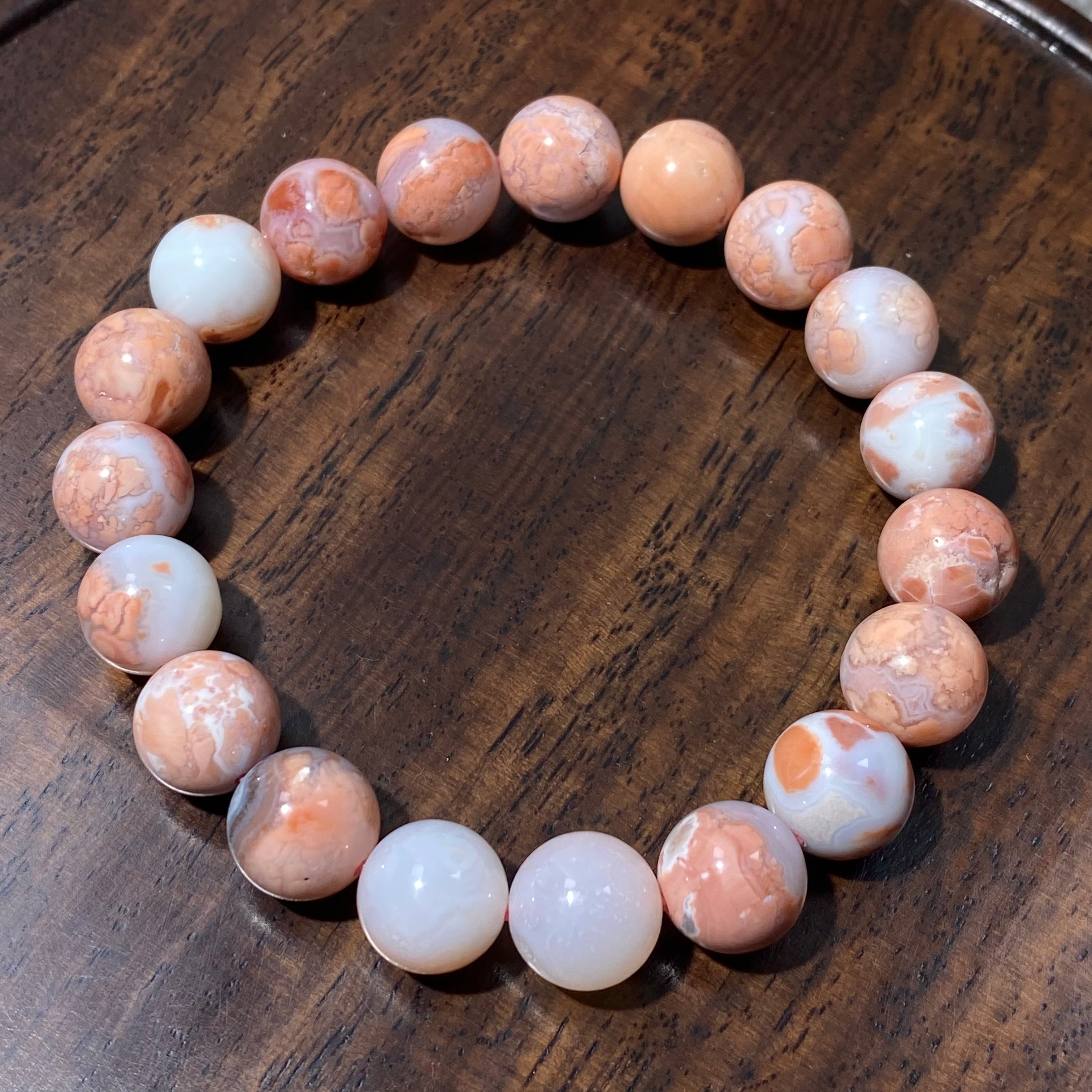 Pink Flower Agate Round Bead Bracelet 10.2mm