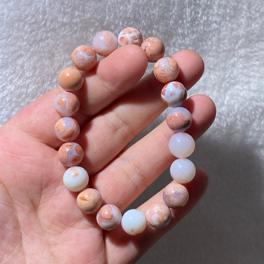 Pink Flower Agate Round Bead Bracelet 10.2mm