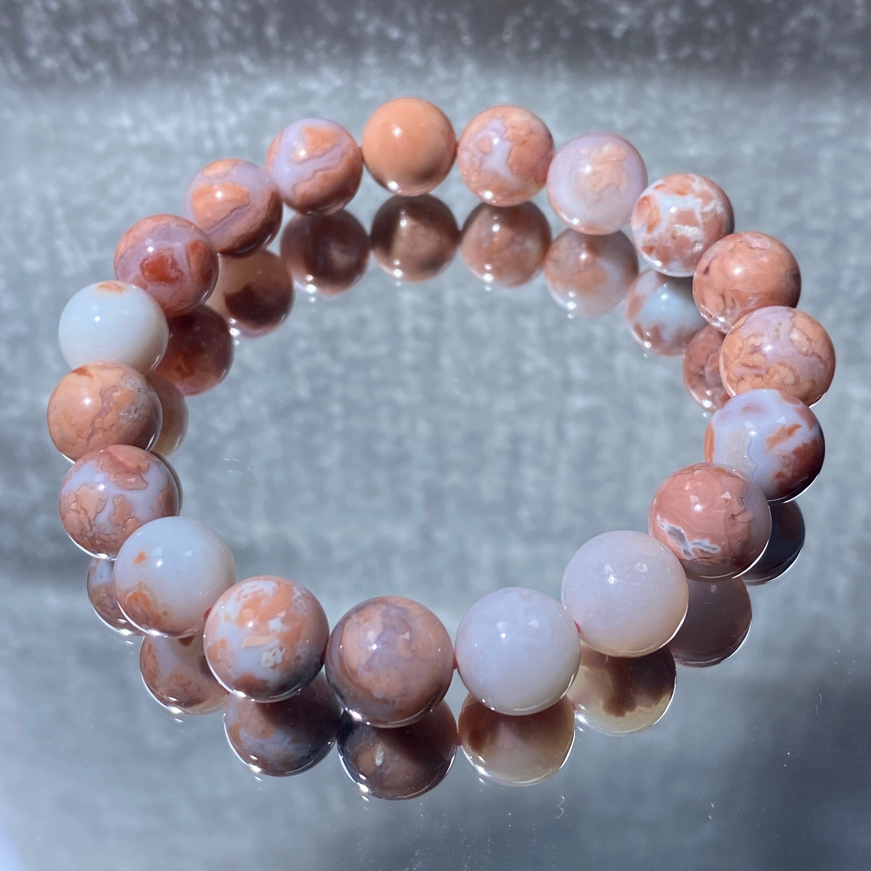 Pink Flower Agate Round Bead Bracelet 10.2mm