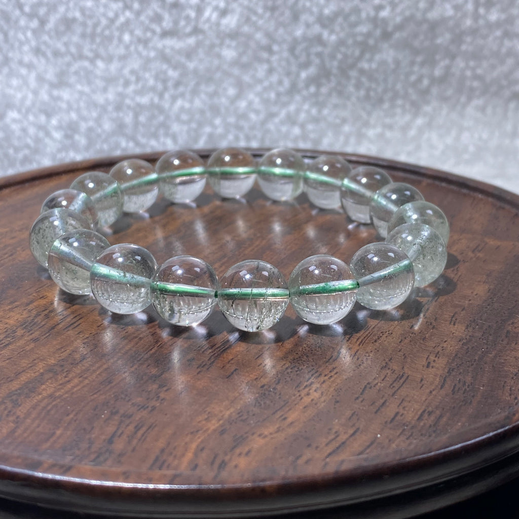 Natural Clear Green Phantom Quartz Round Bead Stretch Bracelet, Fits 16cm Wrist