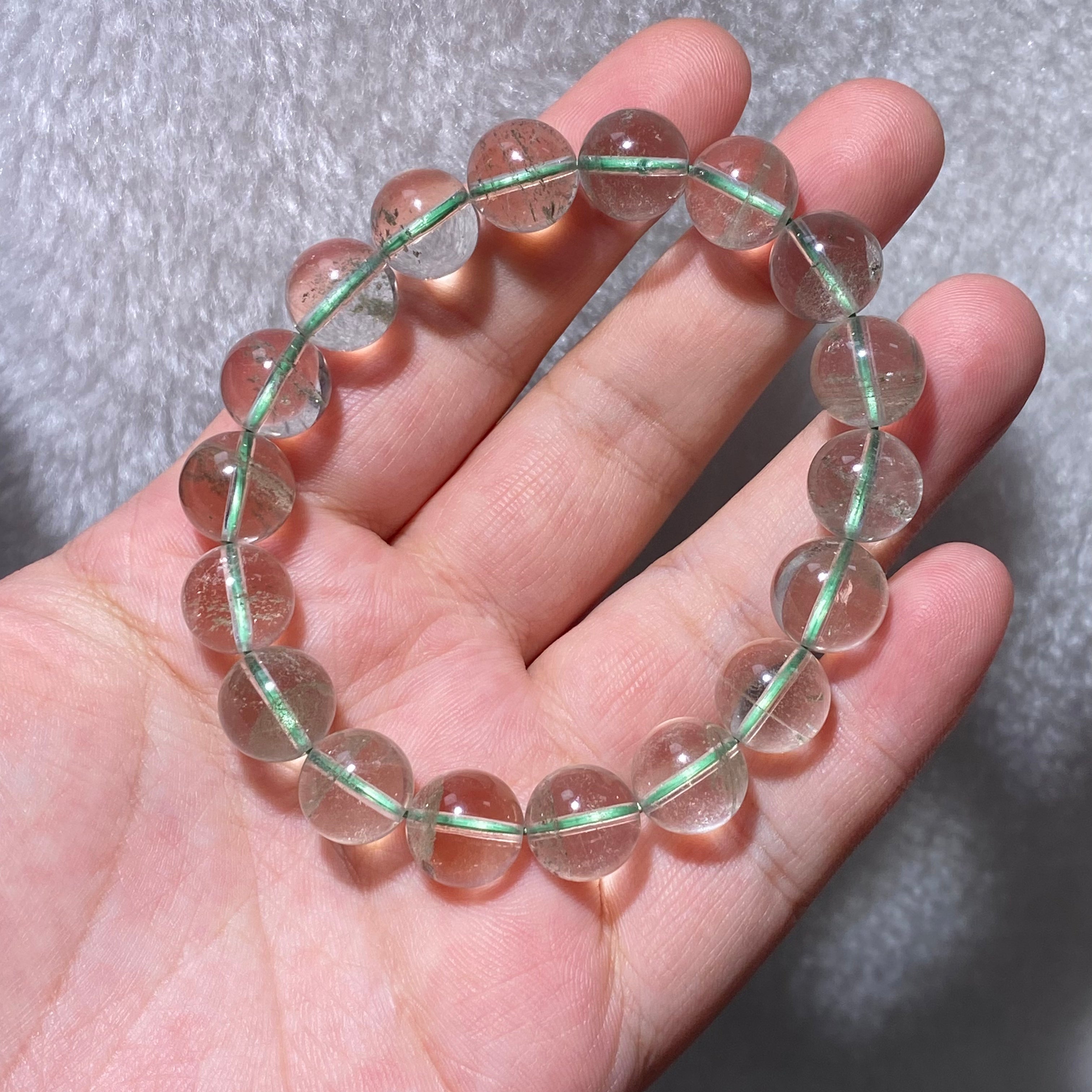 Natural Clear Green Phantom Quartz Round Bead Stretch Bracelet, Fits 16cm Wrist