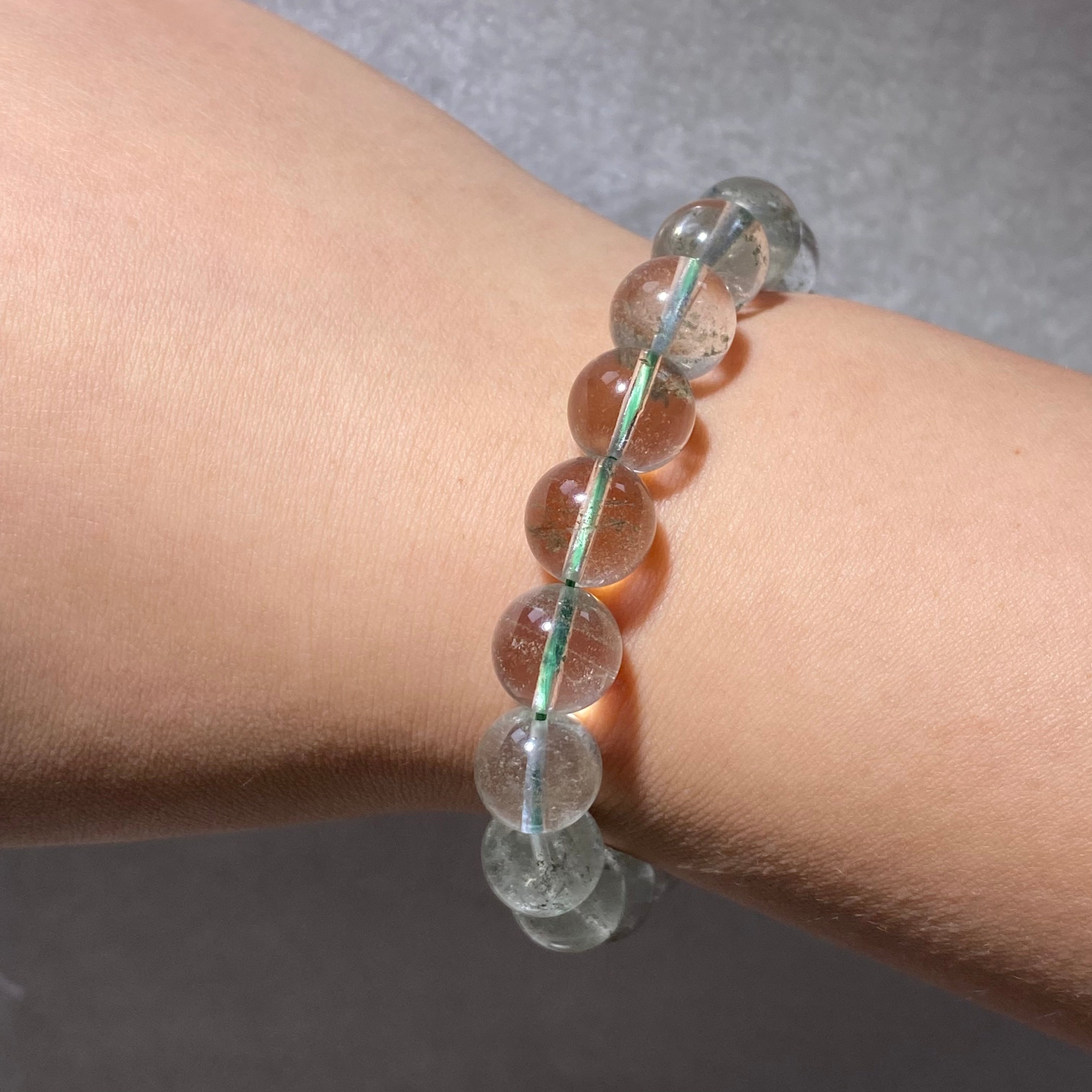 Natural Clear Green Phantom Quartz Round Bead Stretch Bracelet, Fits 16cm Wrist