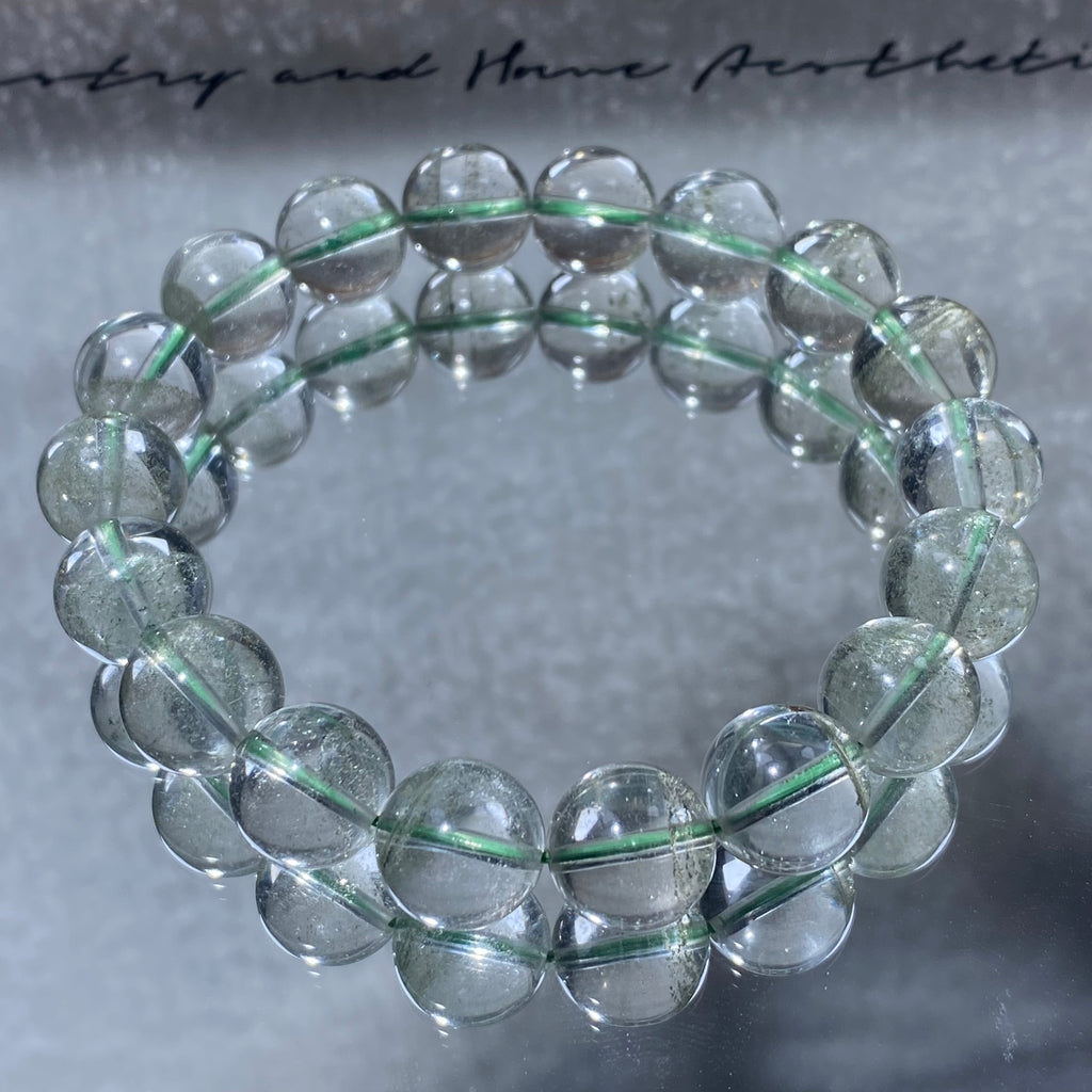 Natural Clear Green Phantom Quartz Round Bead Stretch Bracelet, Fits 16cm Wrist