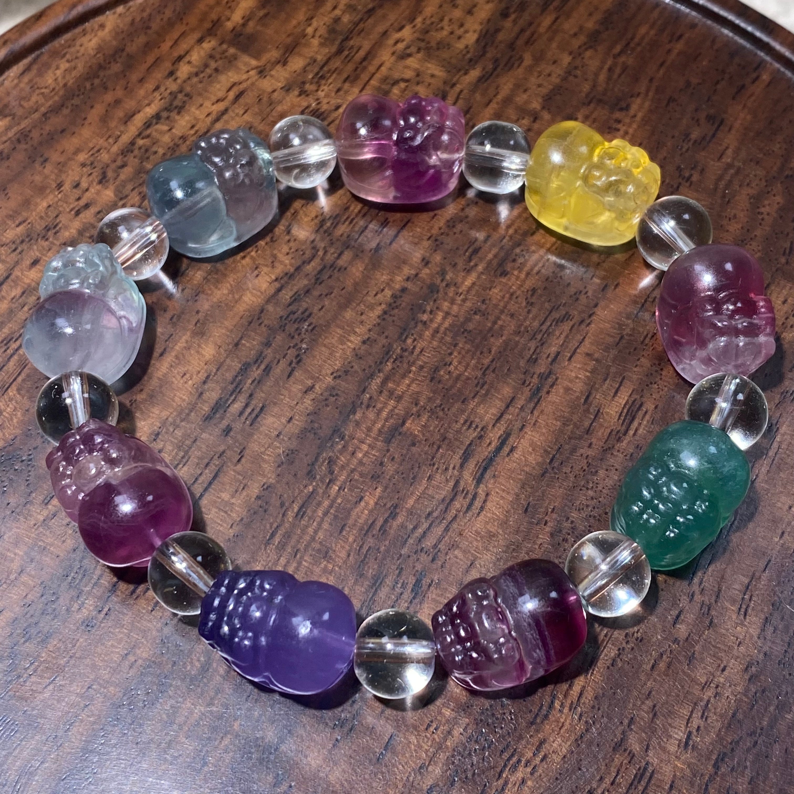 Natural Multicolor Rainbow Fluorite Carved Buddha Bead Stretch Bracelet, Fits 16cm Wrist