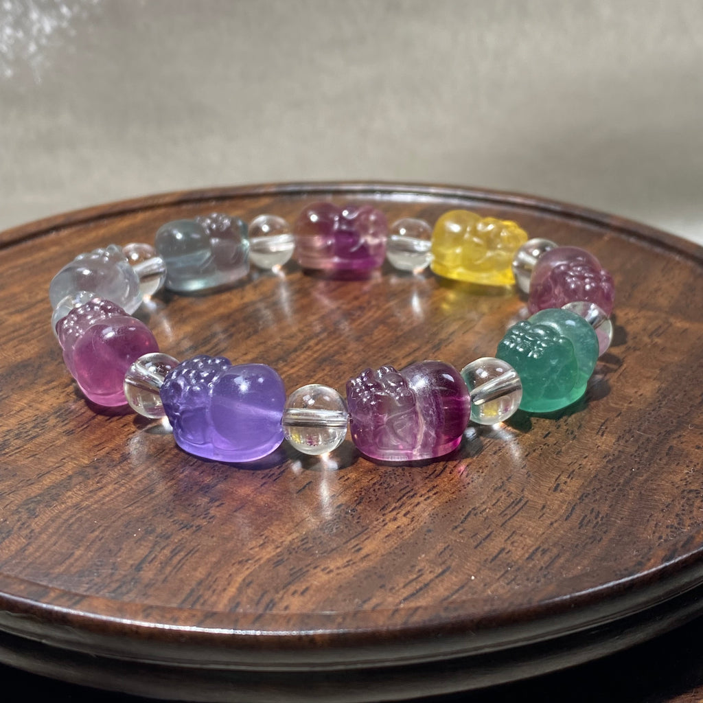 Natural Multicolor Rainbow Fluorite Carved Buddha Bead Stretch Bracelet, Fits 16cm Wrist