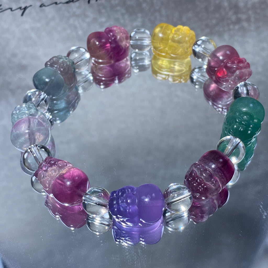 Natural Multicolor Rainbow Fluorite Carved Buddha Bead Stretch Bracelet, Fits 16cm Wrist