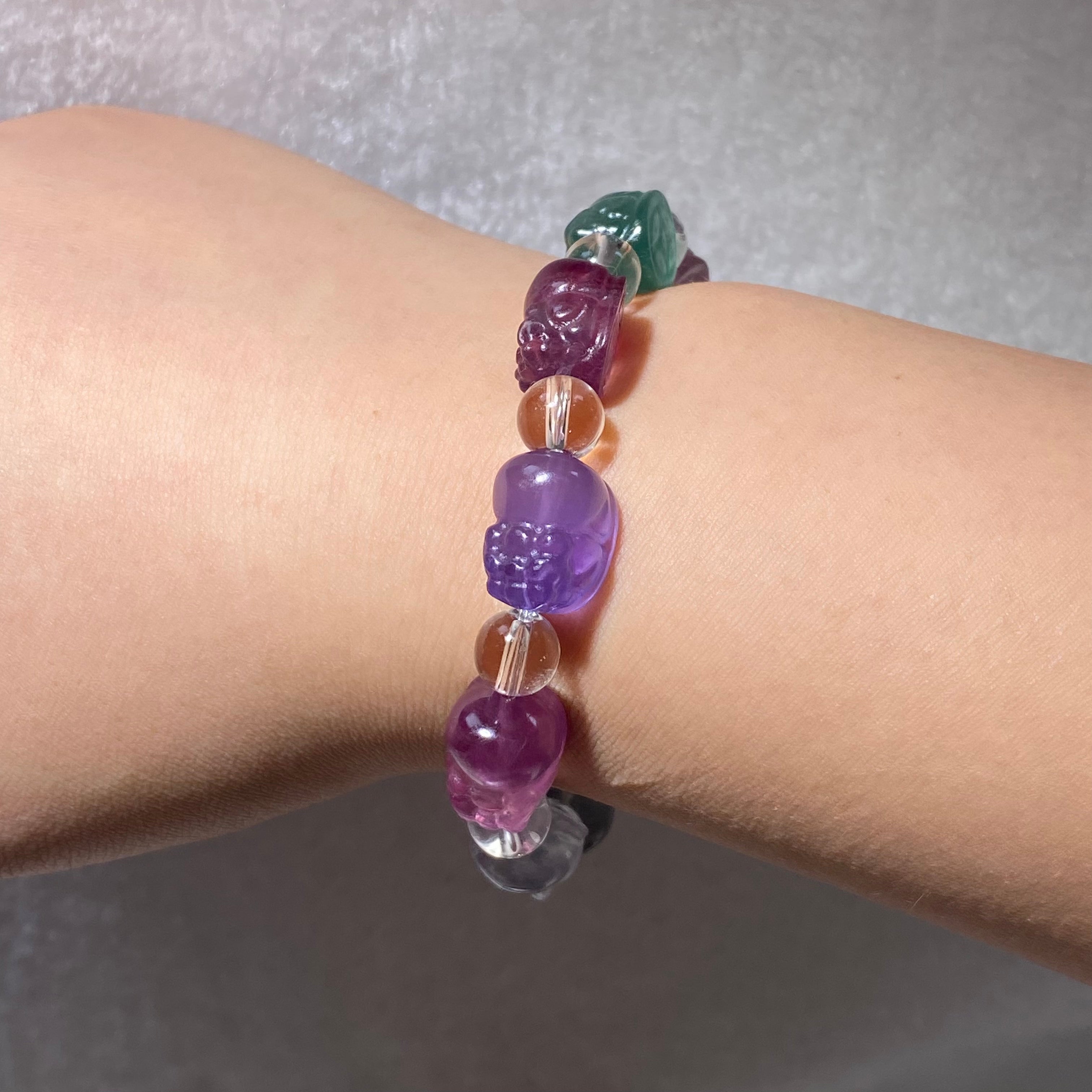 Natural Multicolor Rainbow Fluorite Carved Buddha Bead Stretch Bracelet, Fits 16cm Wrist