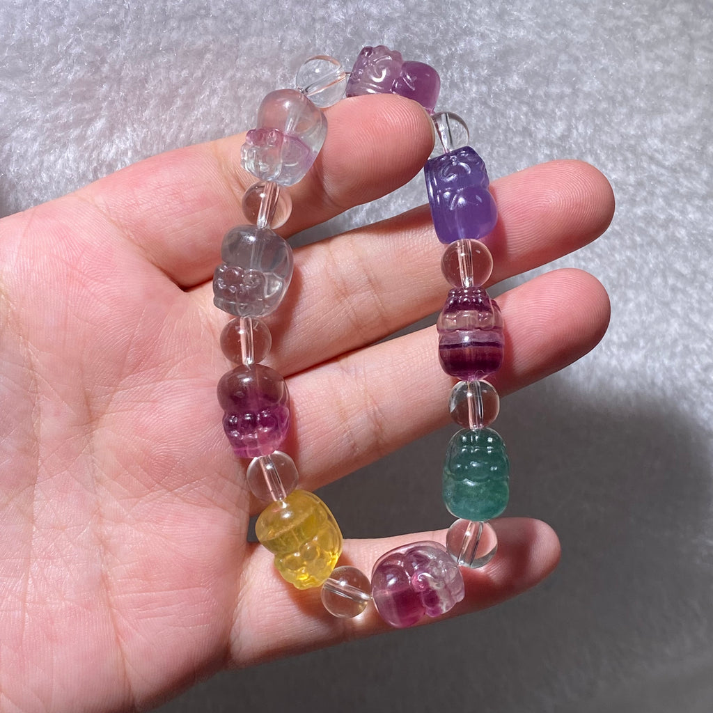 Natural Multicolor Rainbow Fluorite Carved Buddha Bead Stretch Bracelet, Fits 16cm Wrist