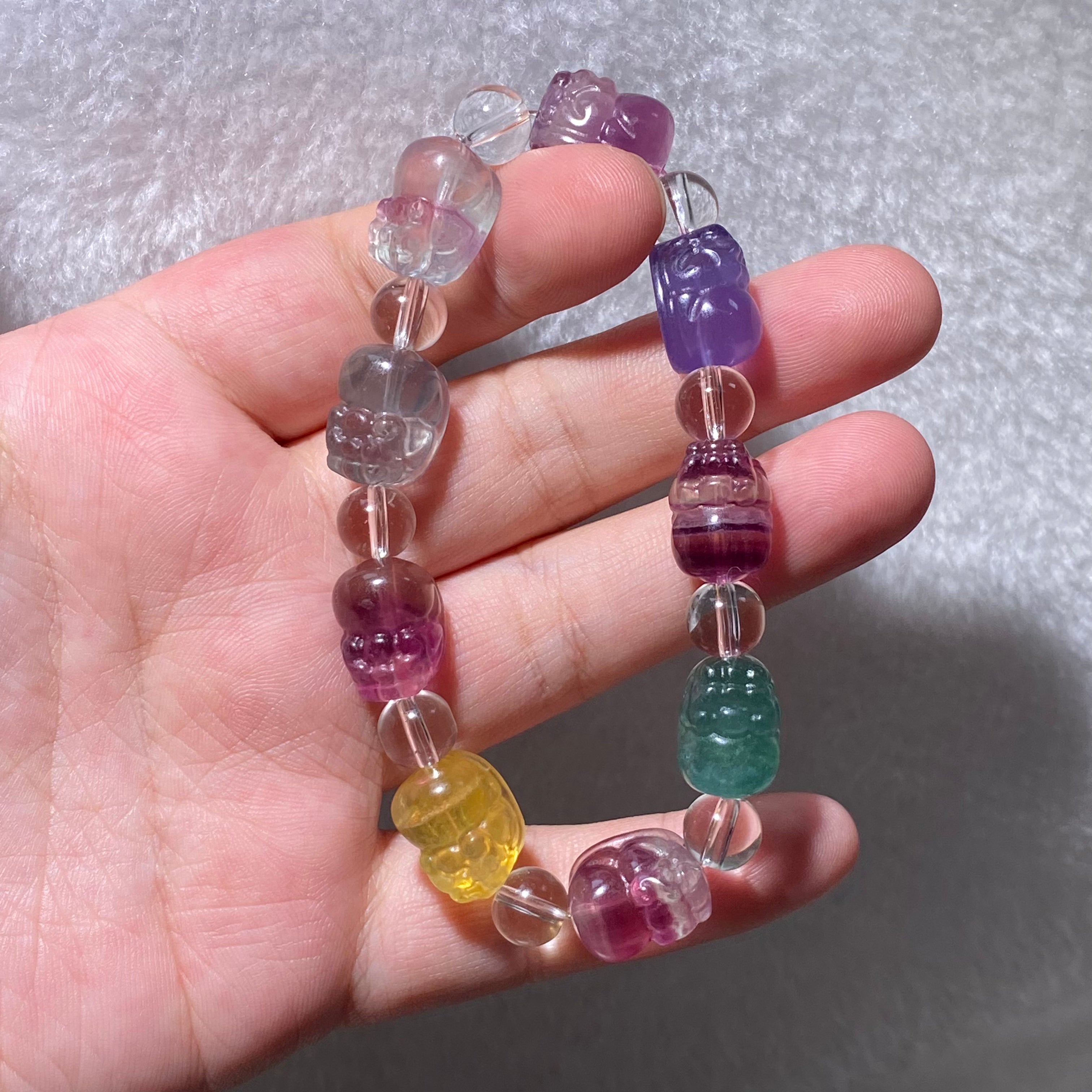 Natural Multicolor Rainbow Fluorite Carved Buddha Bead Stretch Bracelet, Fits 16cm Wrist