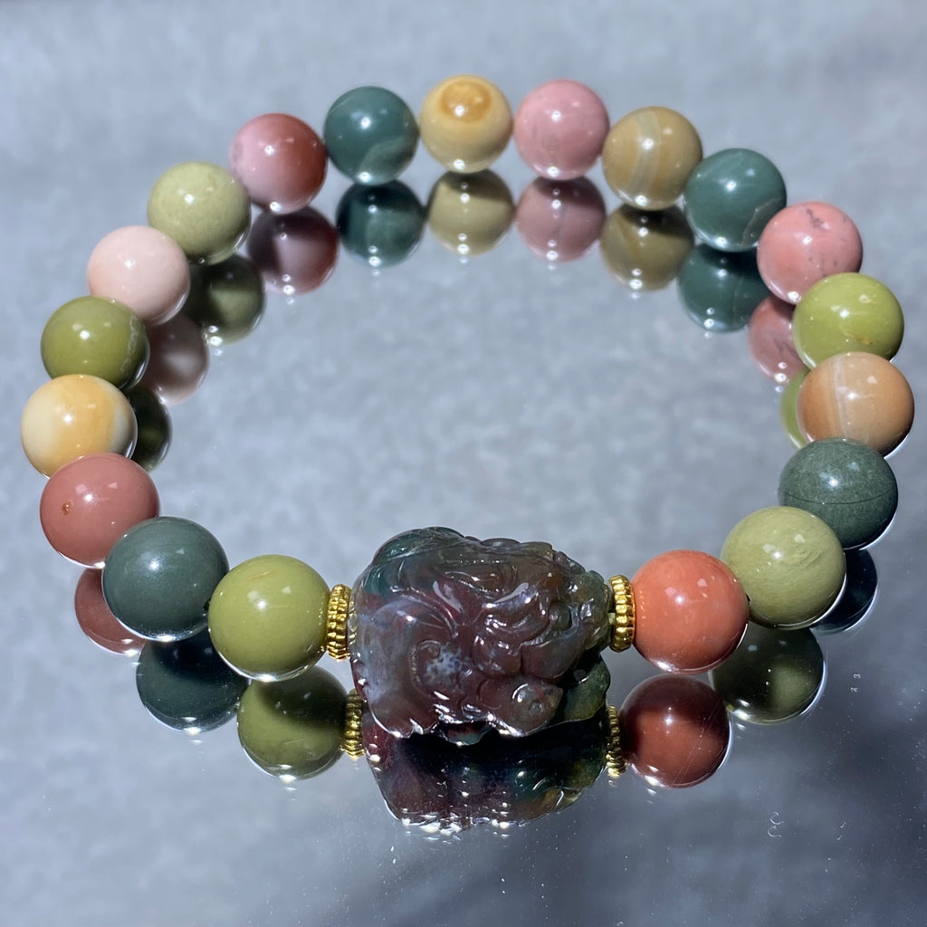 Natural Multicolor Mixed Matte Alashan Agate Pixiu Bead Stretch Bracelet, Fits 16cm Wrist