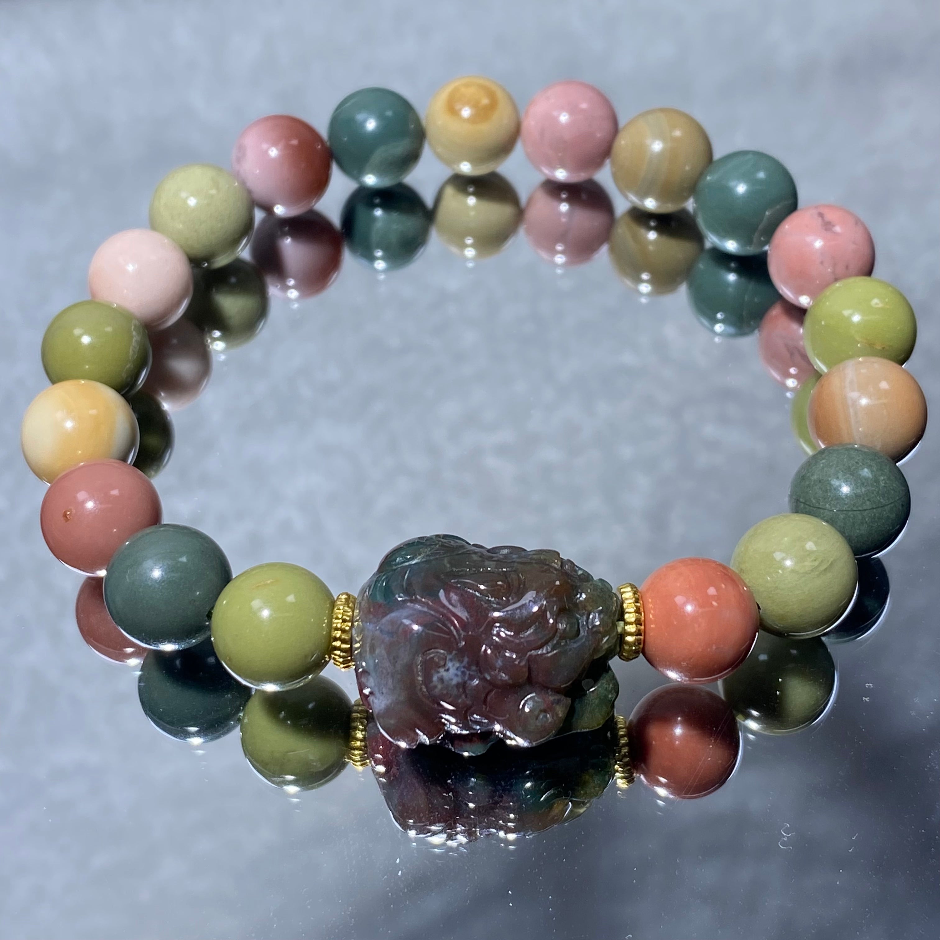 Natural Multicolor Mixed Matte Alashan Agate Pixiu Bead Stretch Bracelet, Fits 16cm Wrist