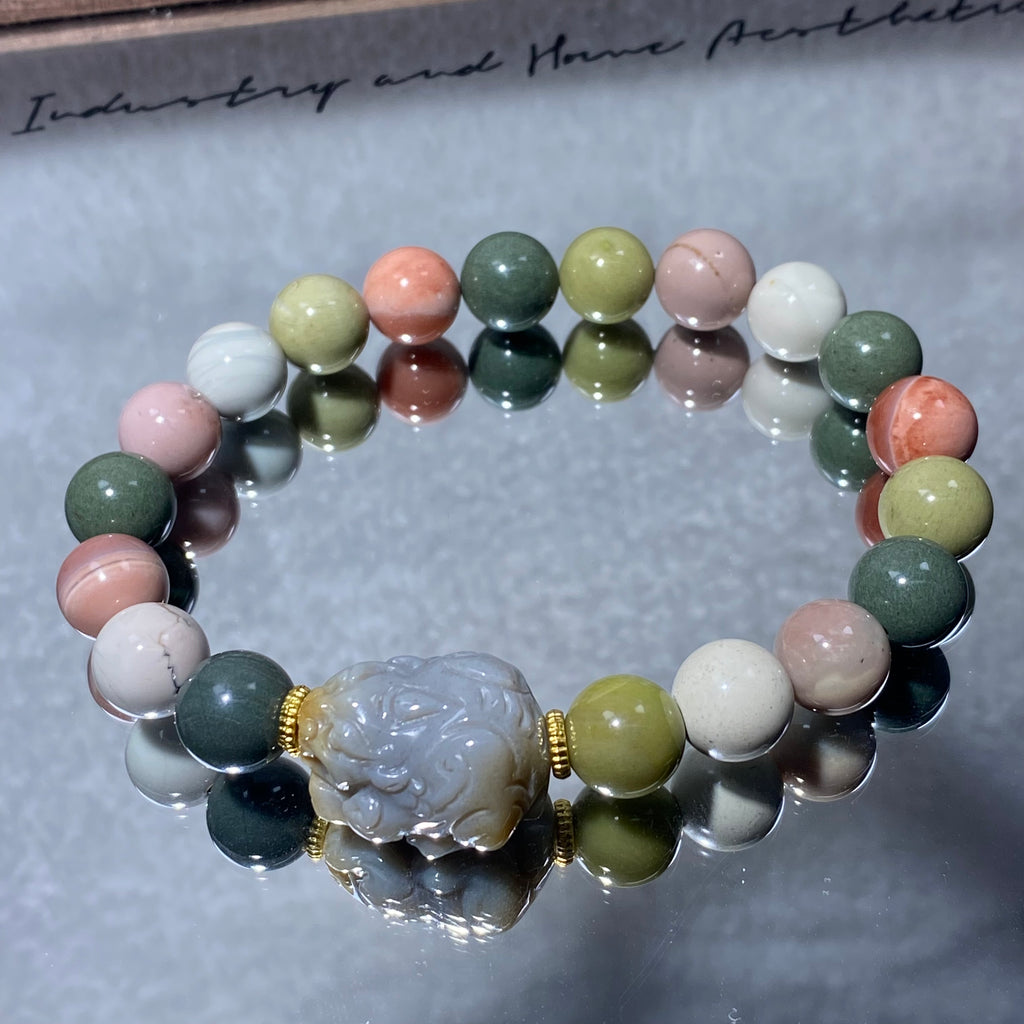 Natural Multicolor Mixed Matte Alashan Agate Pixiu Bead Stretch Bracelet, Fits 16cm Wrist