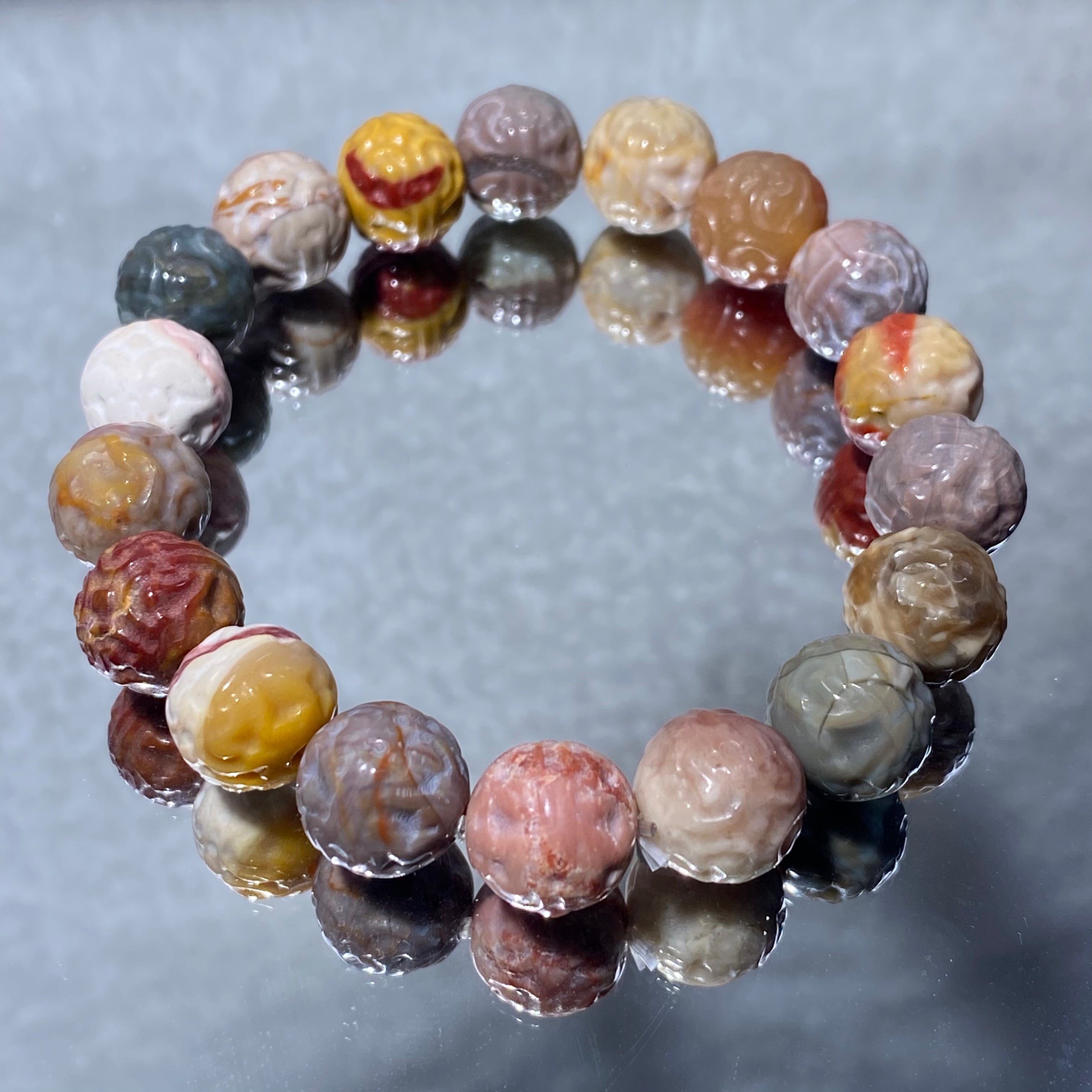 Natural Matte Alashan Agate Carved Round Bead Stretch Bracelet, Fits 16cm Wrist