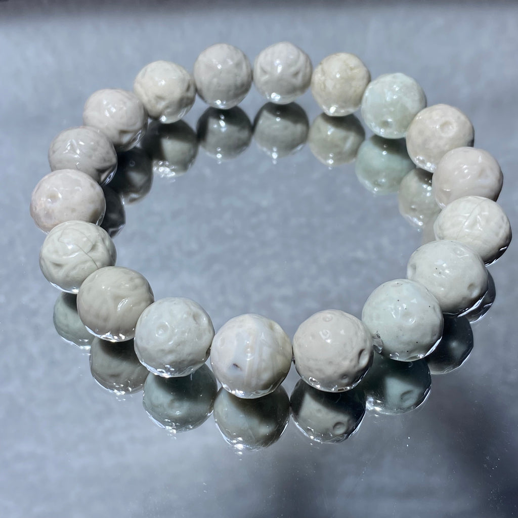 Natural Matte Alashan Agate Carved Round Bead Stretch Bracelet, Fits 16cm Wrist