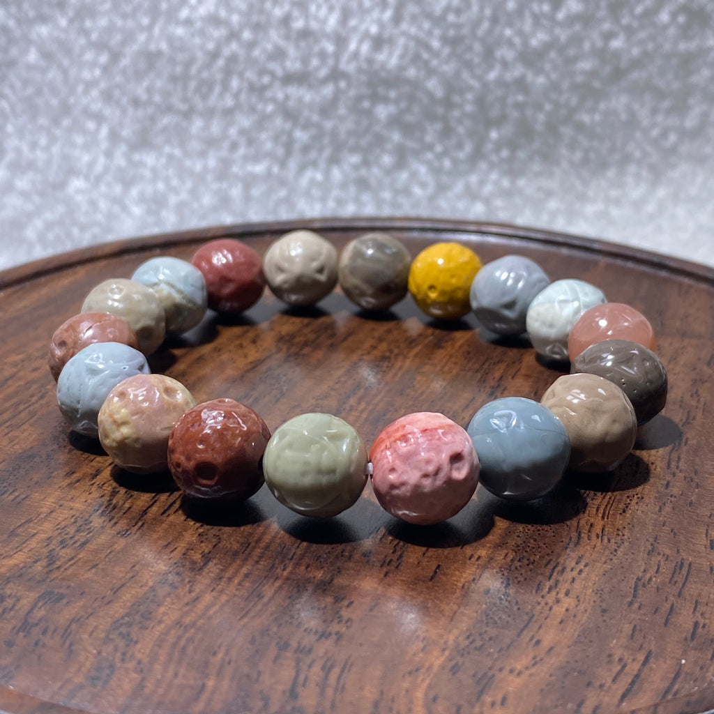 Natural Matte Alashan Agate Carved Round Bead Stretch Bracelet, Fits 16cm Wrist