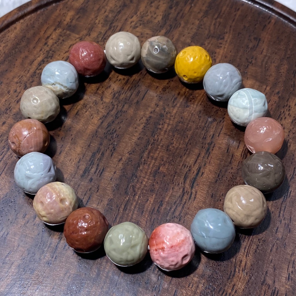 Natural Matte Alashan Agate Carved Round Bead Stretch Bracelet, Fits 16cm Wrist