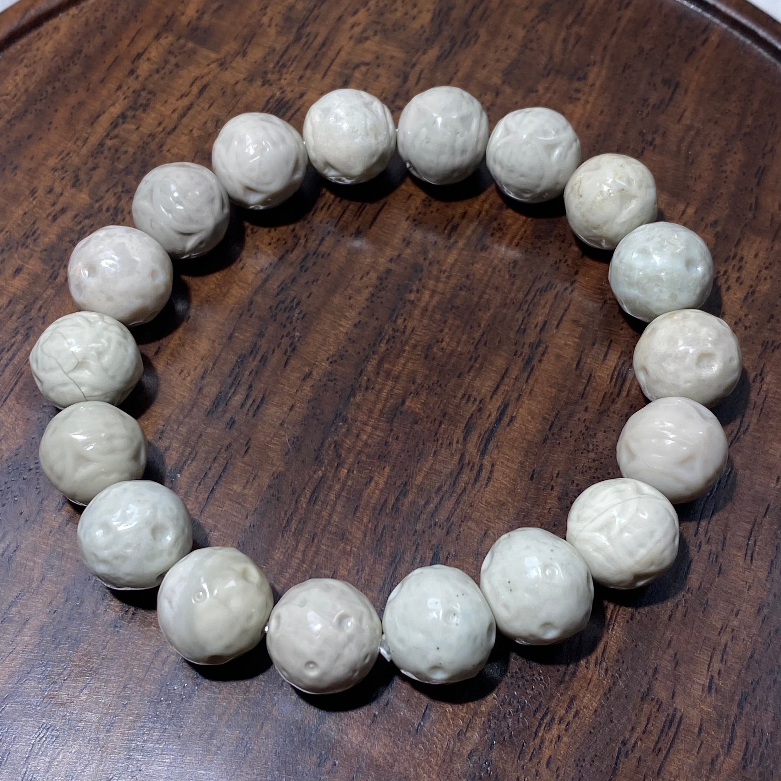 Natural Matte Alashan Agate Carved Round Bead Stretch Bracelet, Fits 16cm Wrist