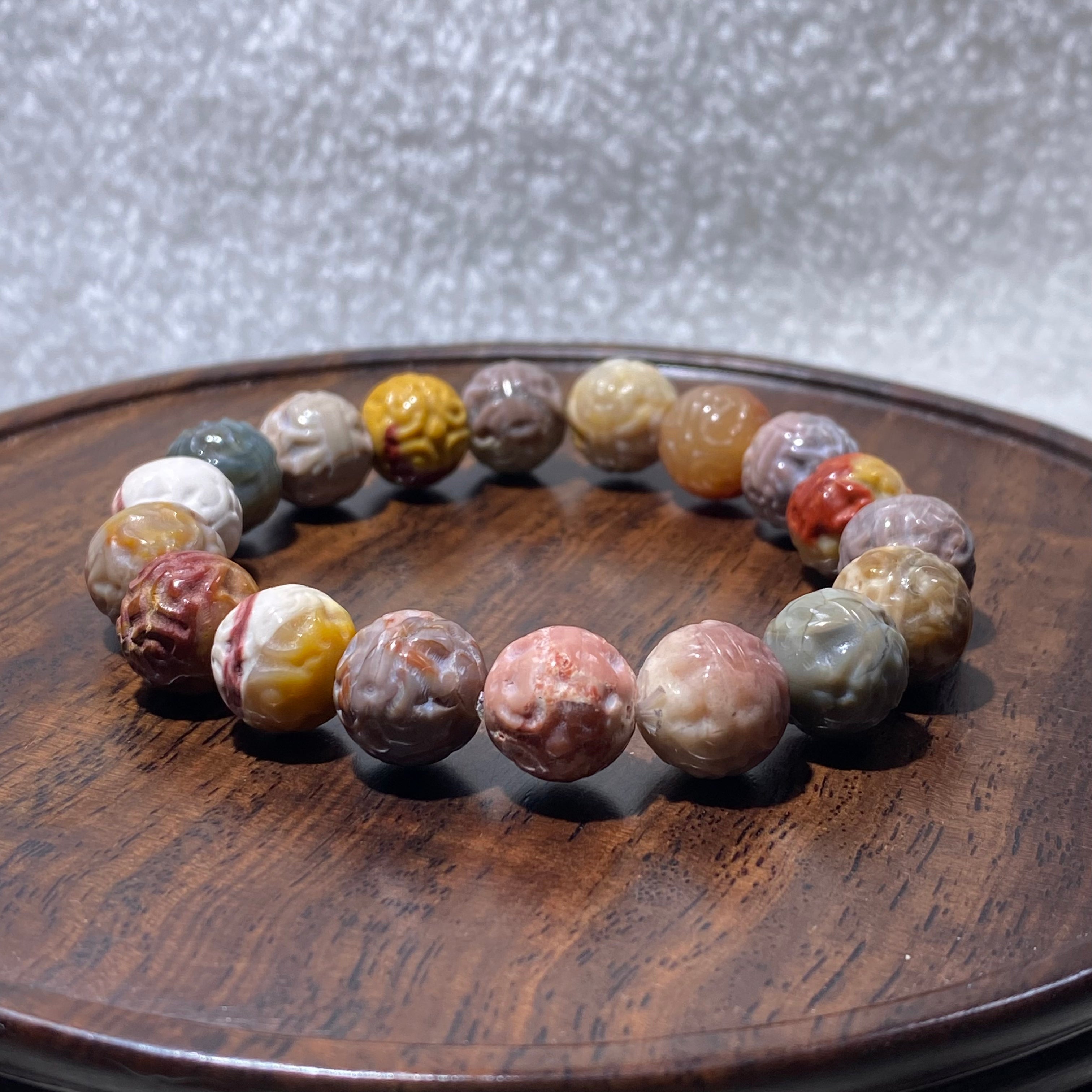 Natural Matte Alashan Agate Carved Round Bead Stretch Bracelet, Fits 16cm Wrist