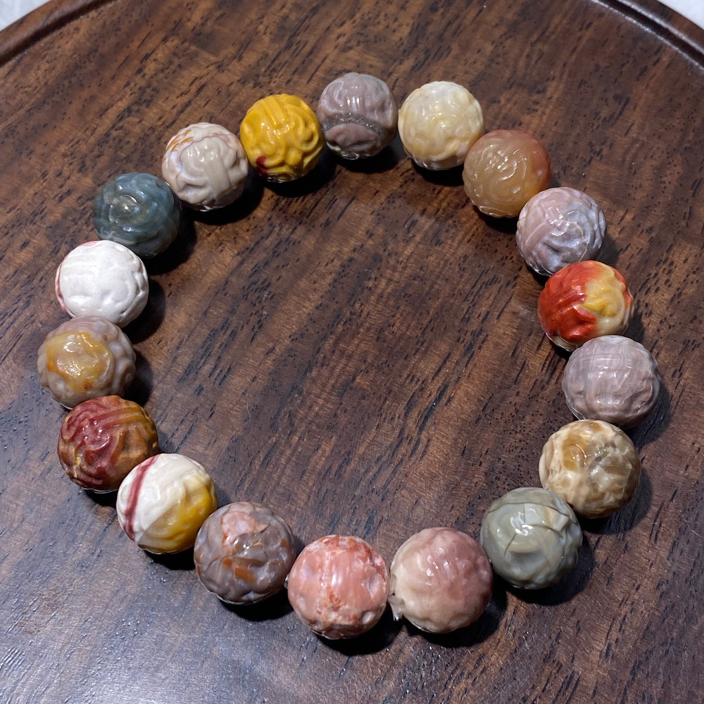 Natural Matte Alashan Agate Carved Round Bead Stretch Bracelet, Fits 16cm Wrist