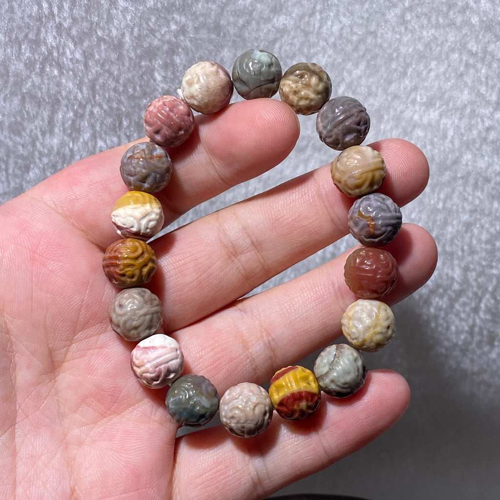 Natural Matte Alashan Agate Carved Round Bead Stretch Bracelet, Fits 16cm Wrist