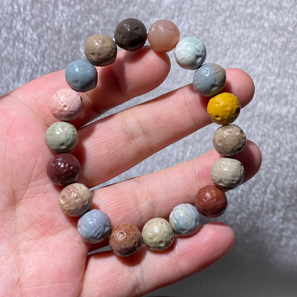 Natural Matte Alashan Agate Carved Round Bead Stretch Bracelet, Fits 16cm Wrist