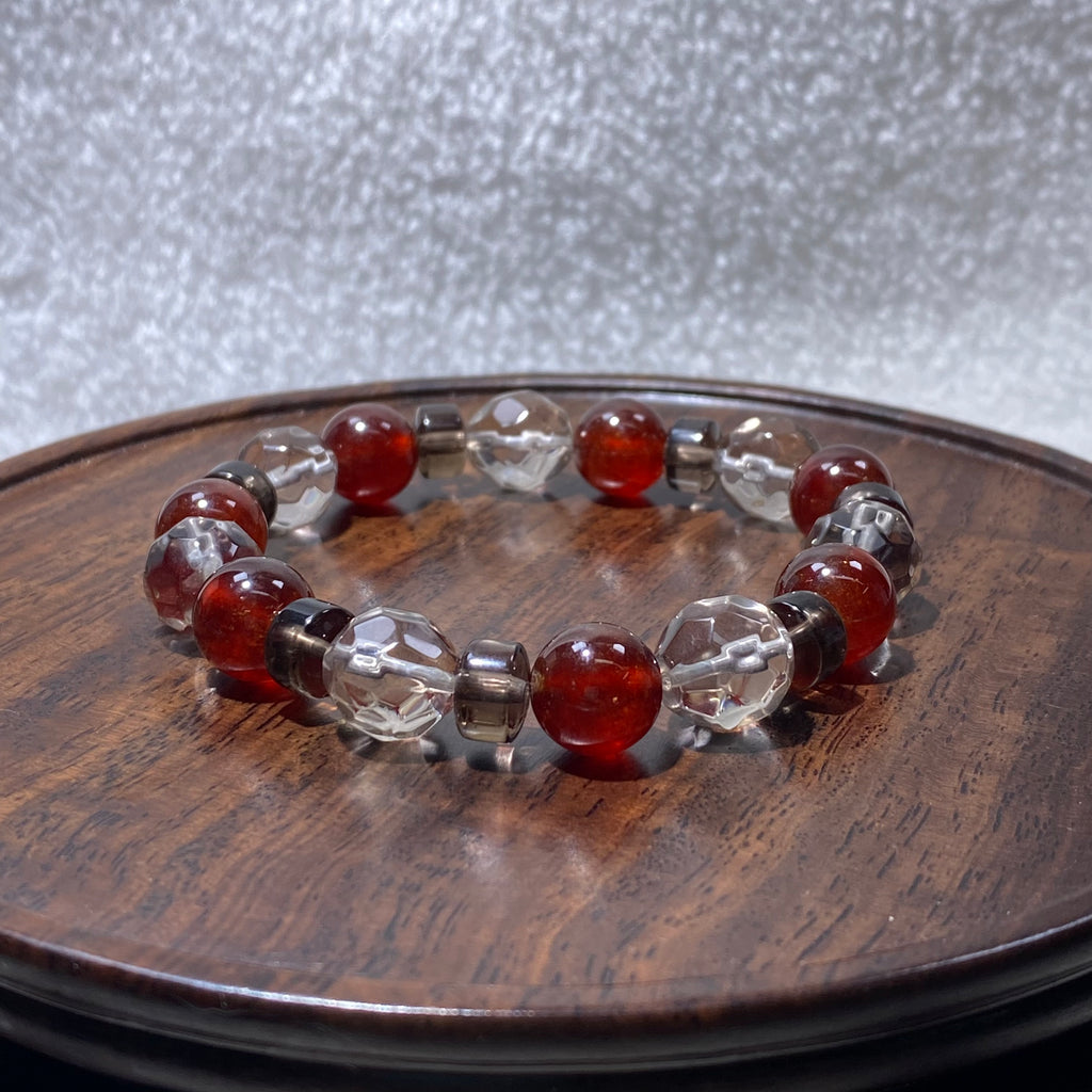 Natural Garnet & Smoky Quartz Mixed Round Bead Stretch Bracelet, Fits 16cm Wrist
