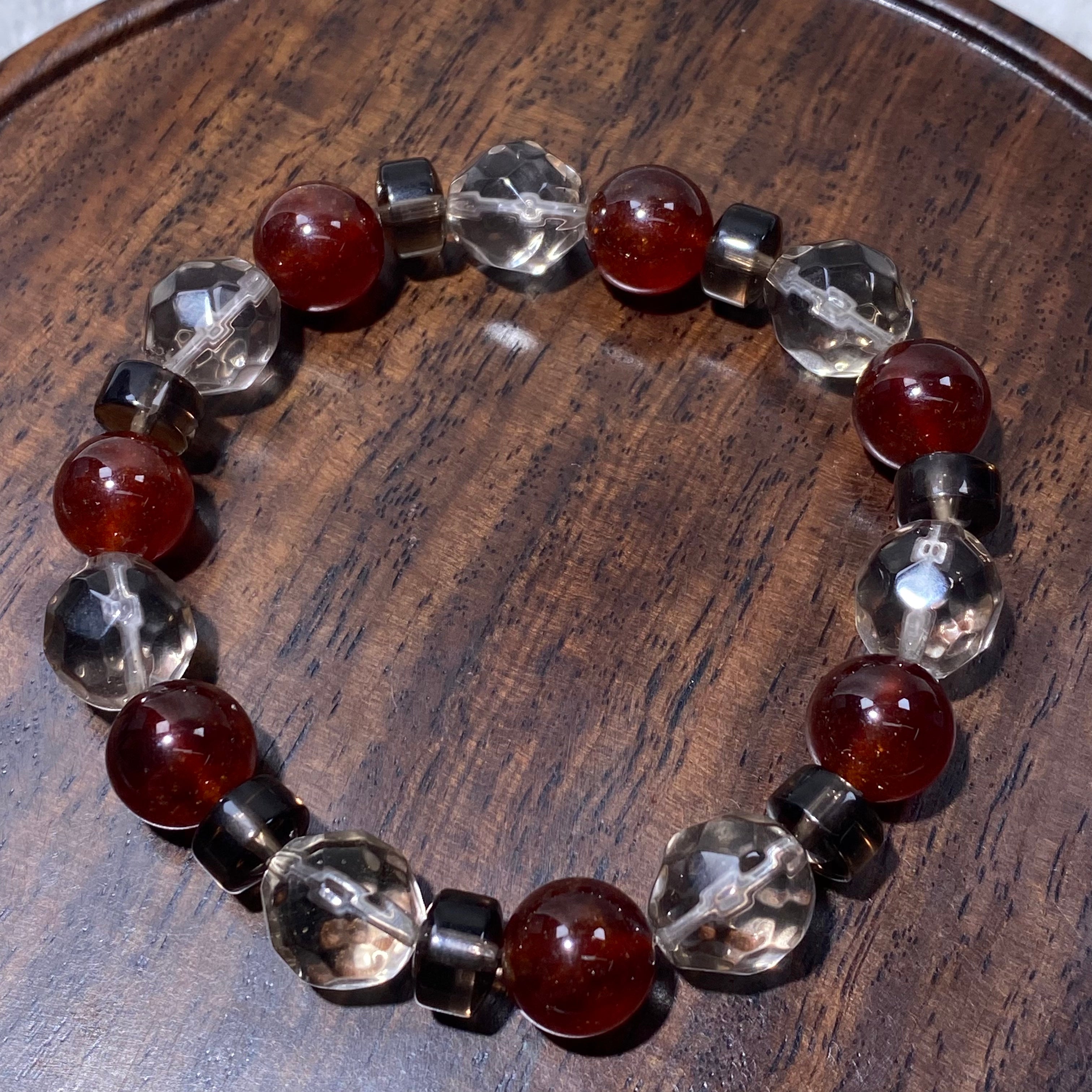 Natural Garnet & Smoky Quartz Mixed Round Bead Stretch Bracelet, Fits 16cm Wrist