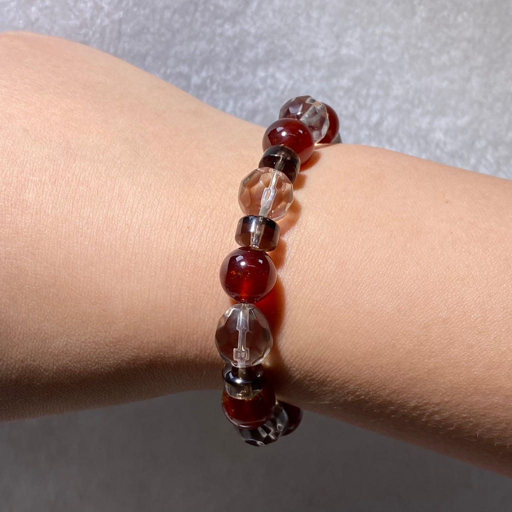 Natural Garnet & Smoky Quartz Mixed Round Bead Stretch Bracelet, Fits 16cm Wrist