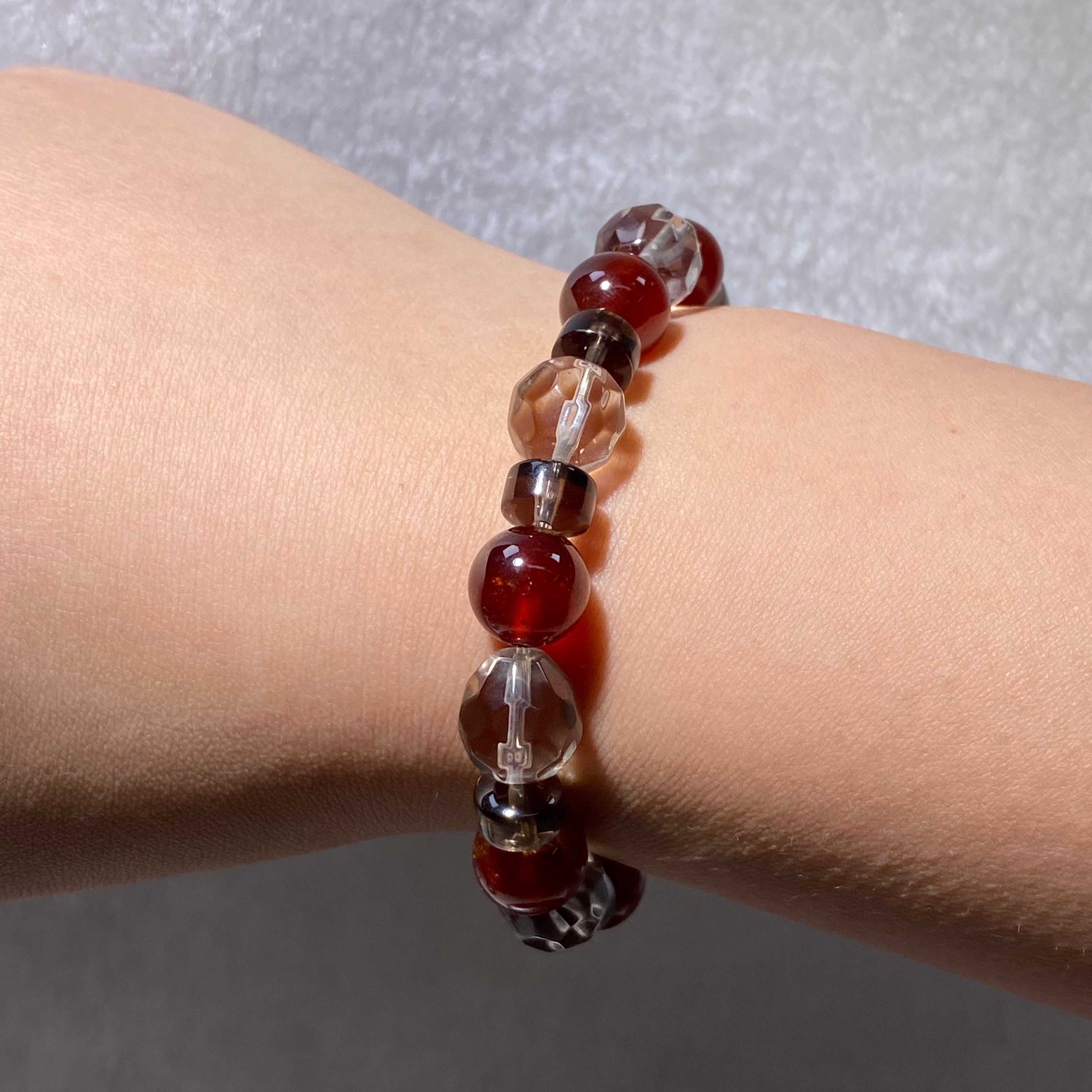 Natural Garnet & Smoky Quartz Mixed Round Bead Stretch Bracelet, Fits 16cm Wrist