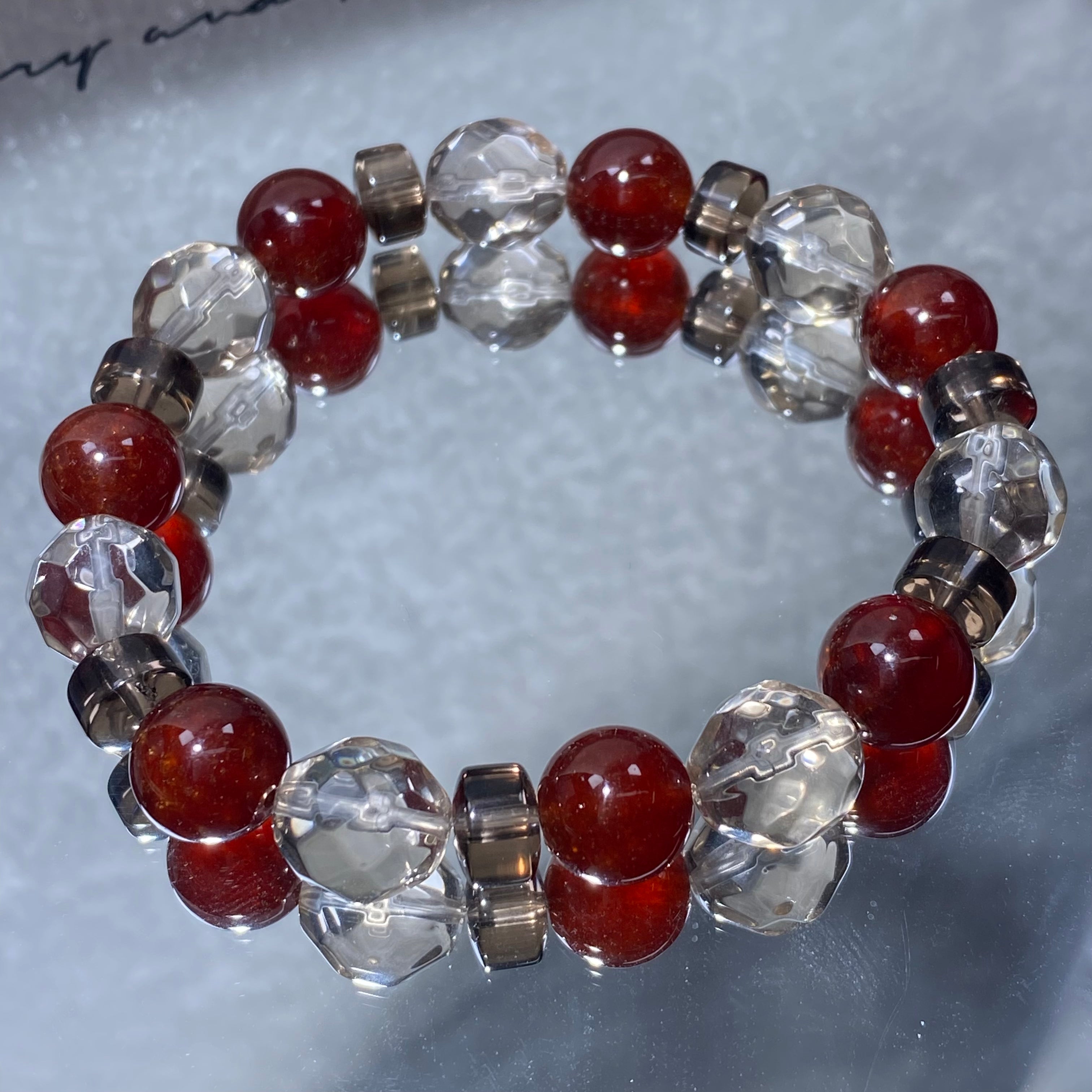 Natural Garnet & Smoky Quartz Mixed Round Bead Stretch Bracelet, Fits 16cm Wrist