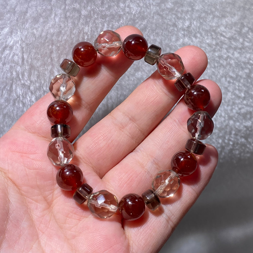 Natural Garnet & Smoky Quartz Mixed Round Bead Stretch Bracelet, Fits 16cm Wrist