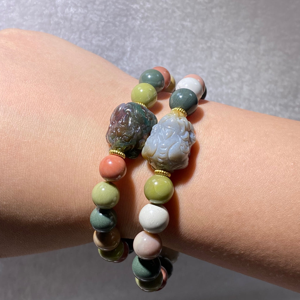 Natural Multicolor Mixed Matte Alashan Agate Pixiu Bead Stretch Bracelet, Fits 16cm Wrist