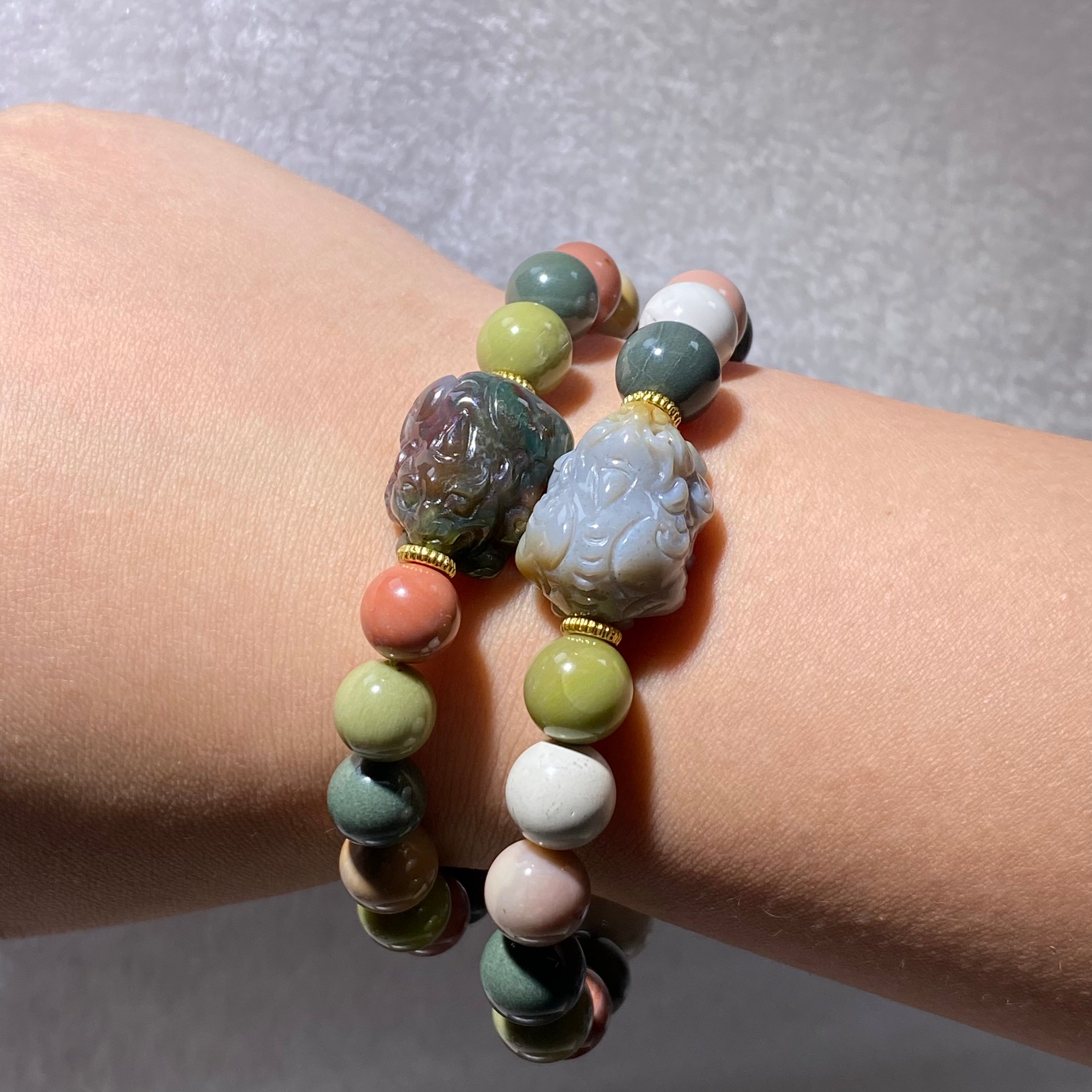Natural Multicolor Mixed Matte Alashan Agate Pixiu Bead Stretch Bracelet, Fits 16cm Wrist