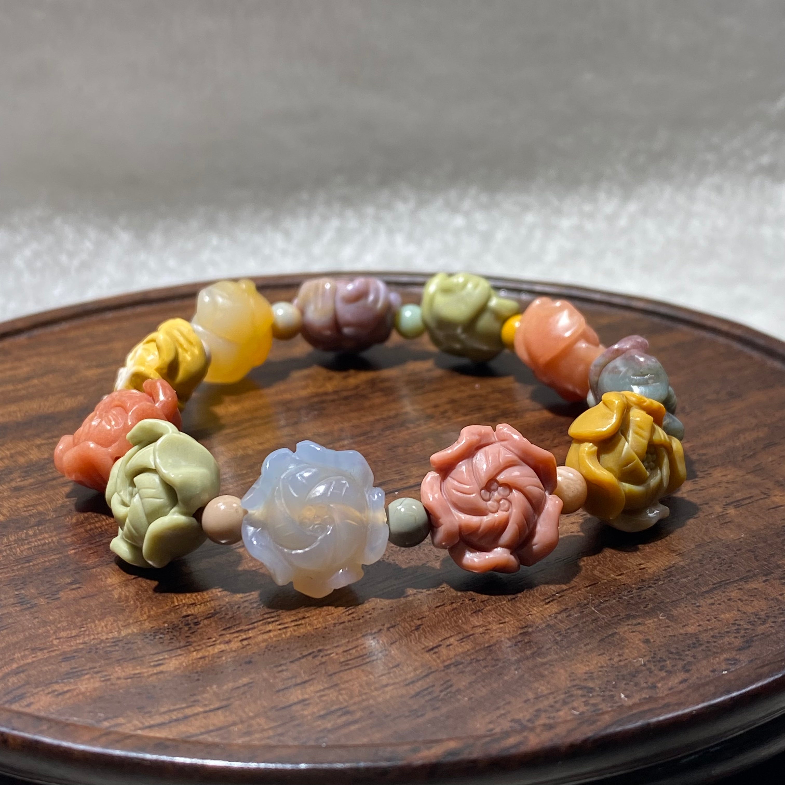 Natural Multicolor Alashan Agate Carved Rose Flower Bead Stretch Bracelet, Fits 16cm Wrist