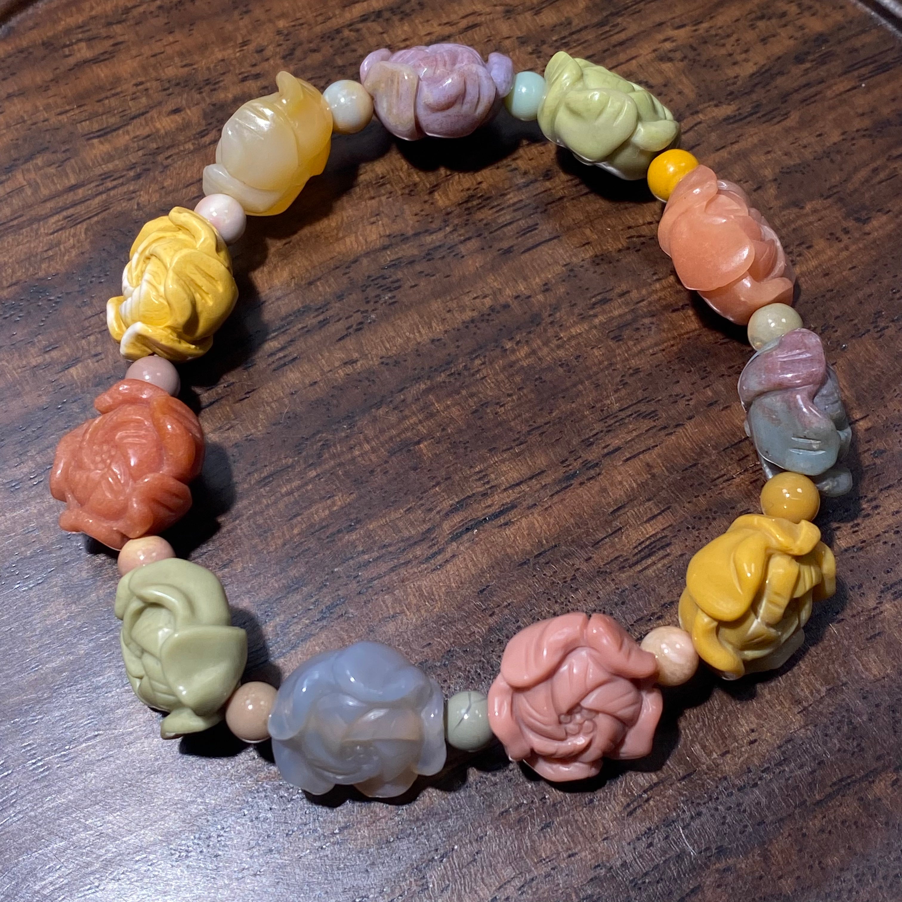 Natural Multicolor Alashan Agate Carved Rose Flower Bead Stretch Bracelet, Fits 16cm Wrist