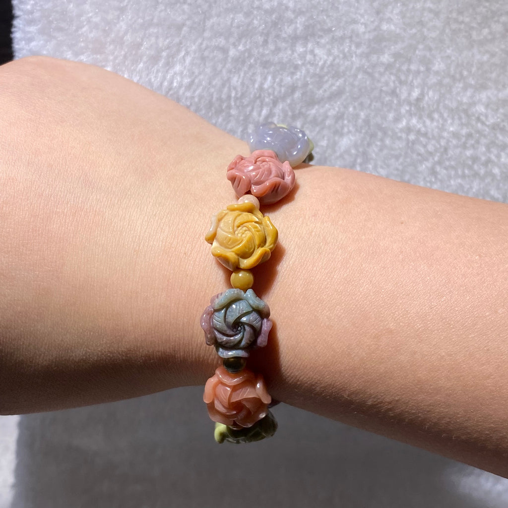Natural Multicolor Alashan Agate Carved Rose Flower Bead Stretch Bracelet, Fits 16cm Wrist