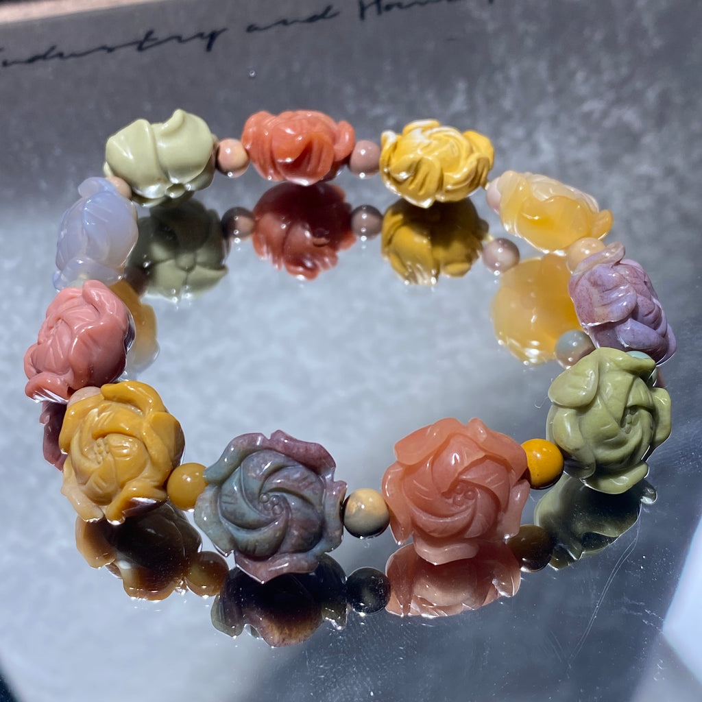 Natural Multicolor Alashan Agate Carved Rose Flower Bead Stretch Bracelet, Fits 16cm Wrist