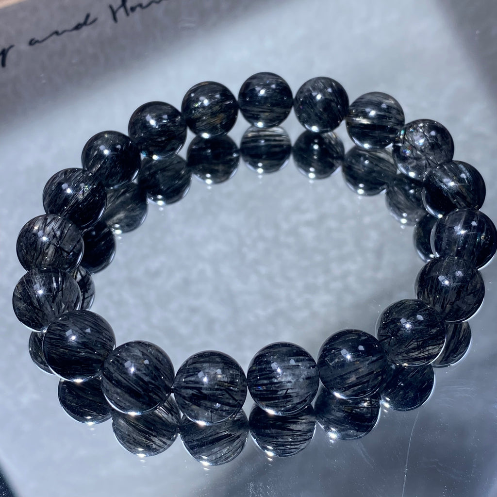 Black Rutilated Quartz Round Bead Stretch Bracelet, Fits 16cm Wrist