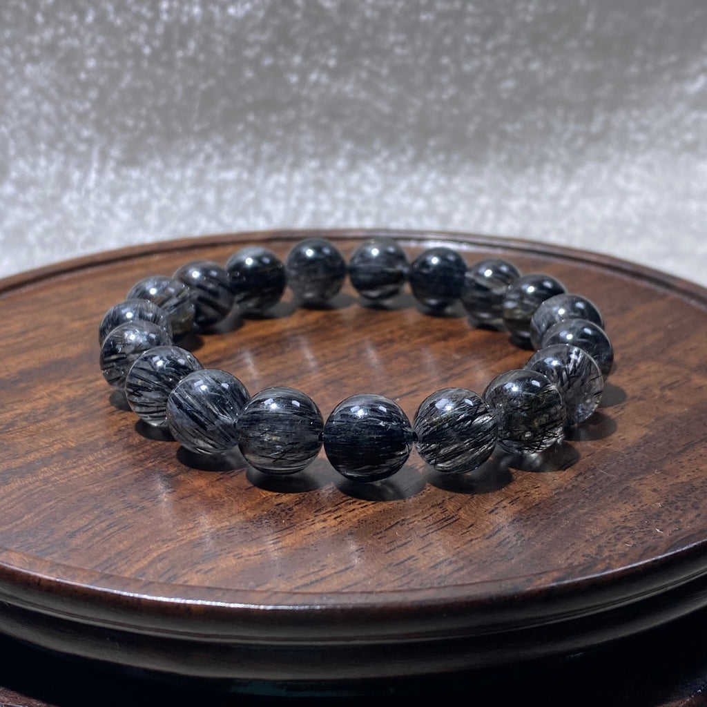 Black Rutilated Quartz Round Bead Stretch Bracelet, Fits 16cm Wrist