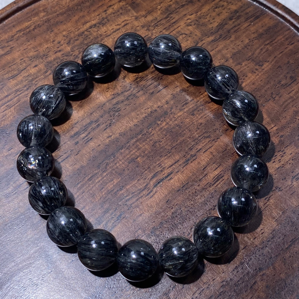 Black Rutilated Quartz Round Bead Stretch Bracelet, Fits 16cm Wrist