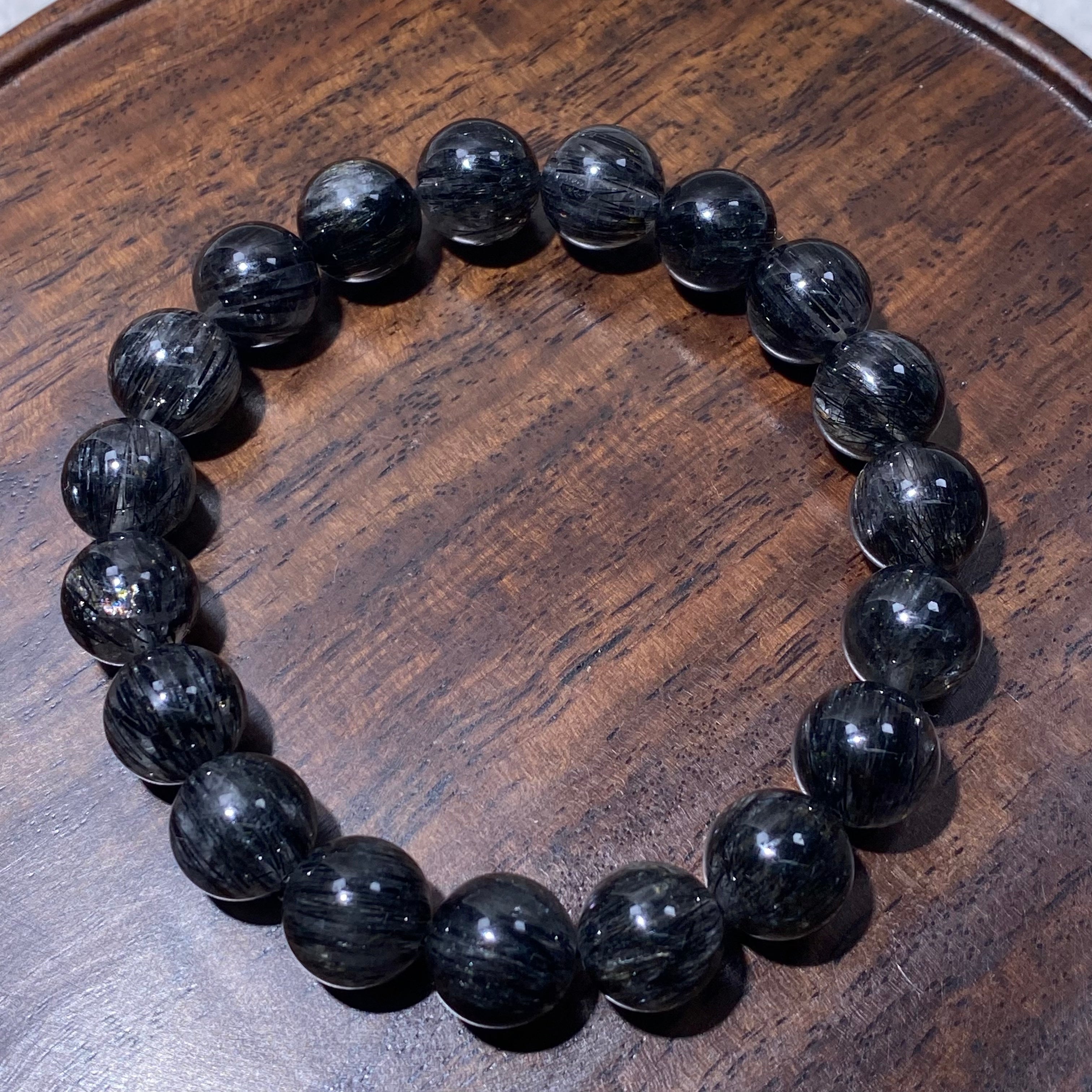Black Rutilated Quartz Round Bead Stretch Bracelet, Fits 16cm Wrist