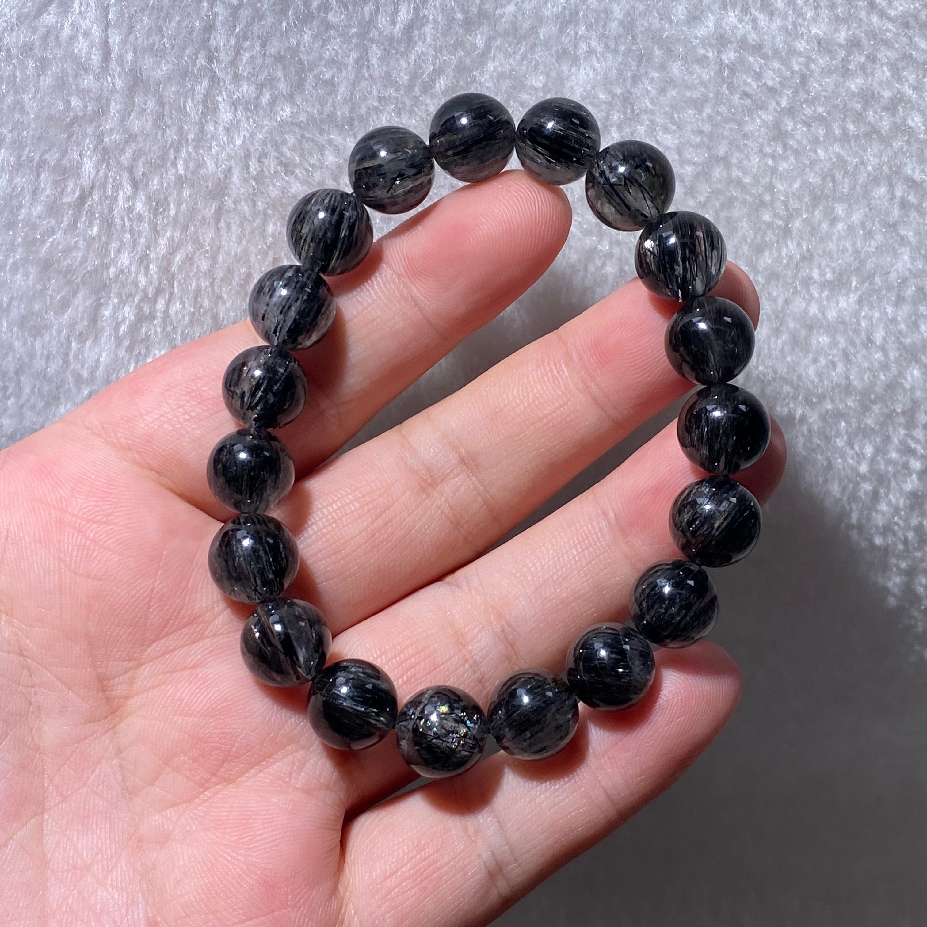 Black Rutilated Quartz Round Bead Stretch Bracelet, Fits 16cm Wrist