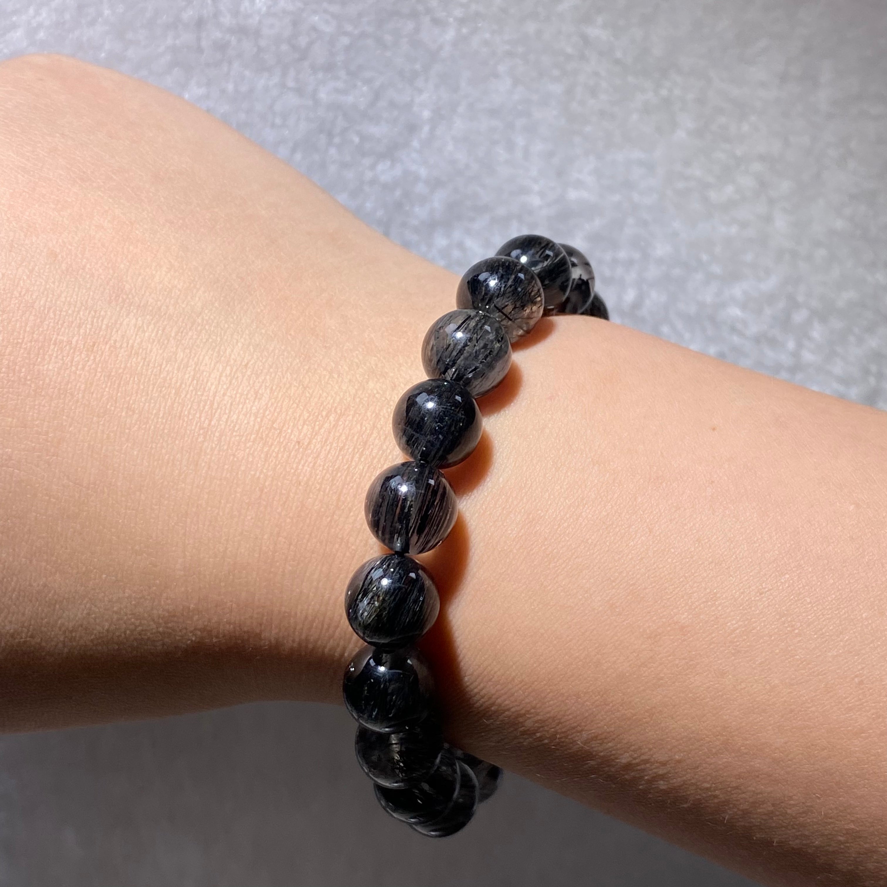 Black Rutilated Quartz Round Bead Stretch Bracelet, Fits 16cm Wrist