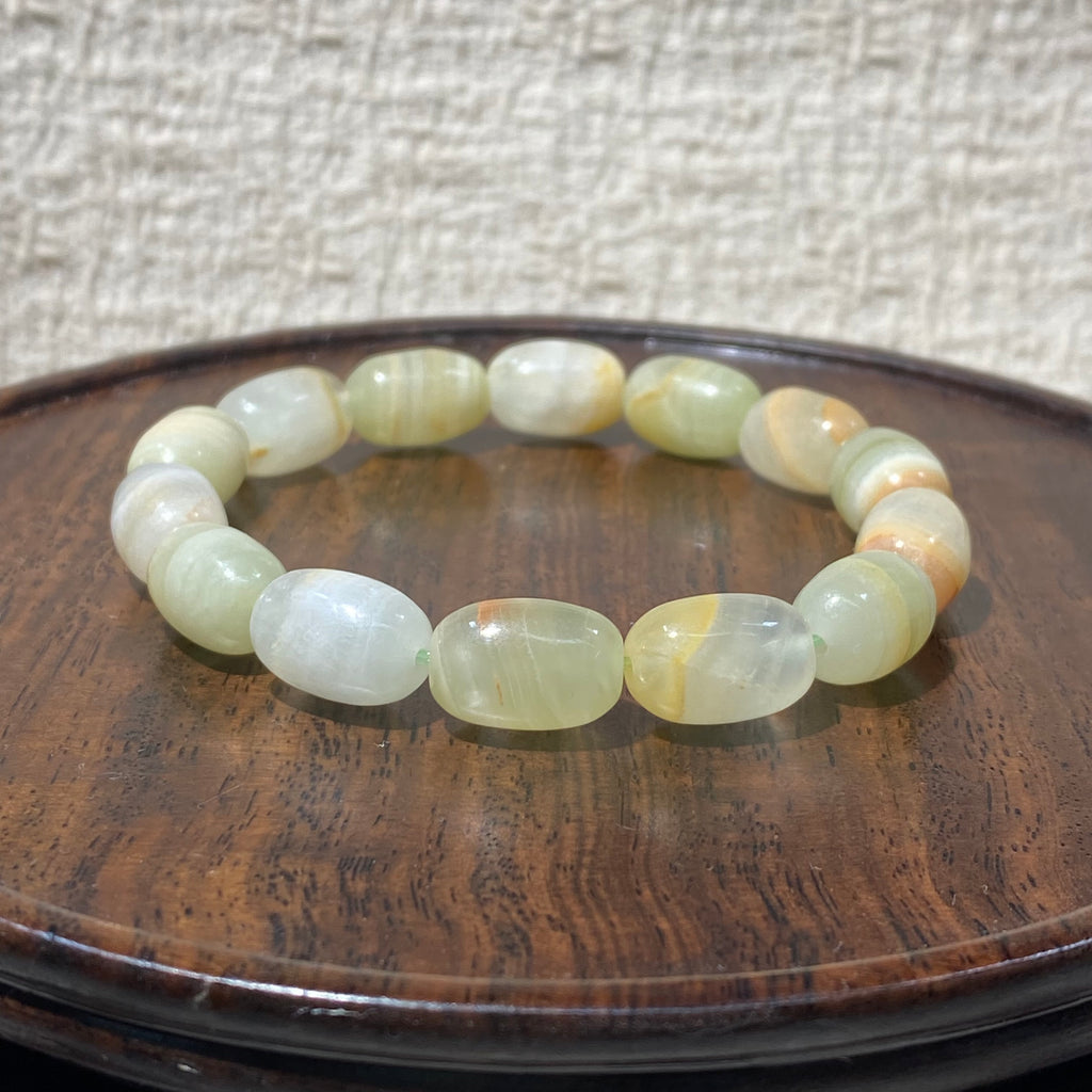 Natural Green Onyx Oval Barrel Bead Stretch Bracelet, Bead Size 9-9.5mm, Fits 15cm Wrist