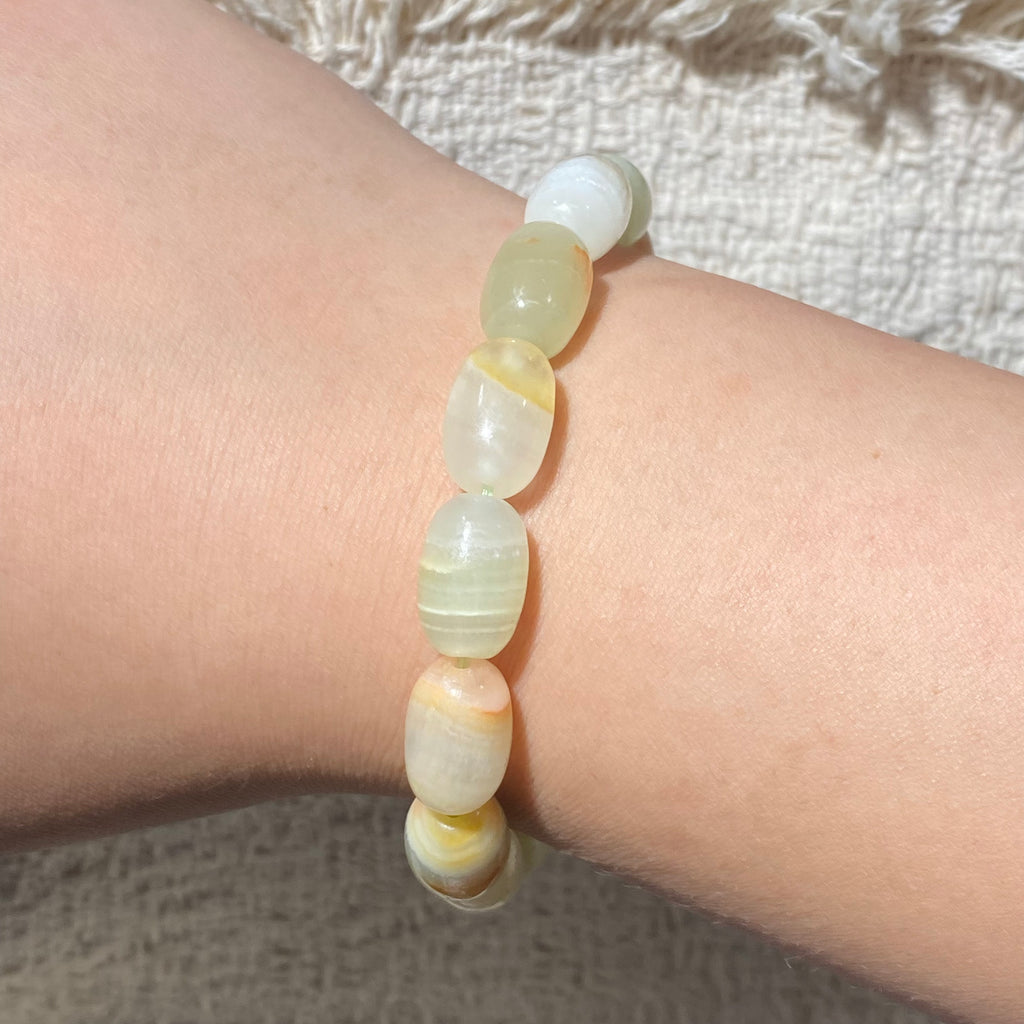 Natural Green Onyx Oval Barrel Bead Stretch Bracelet, Bead Size 9-9.5mm, Fits 15cm Wrist