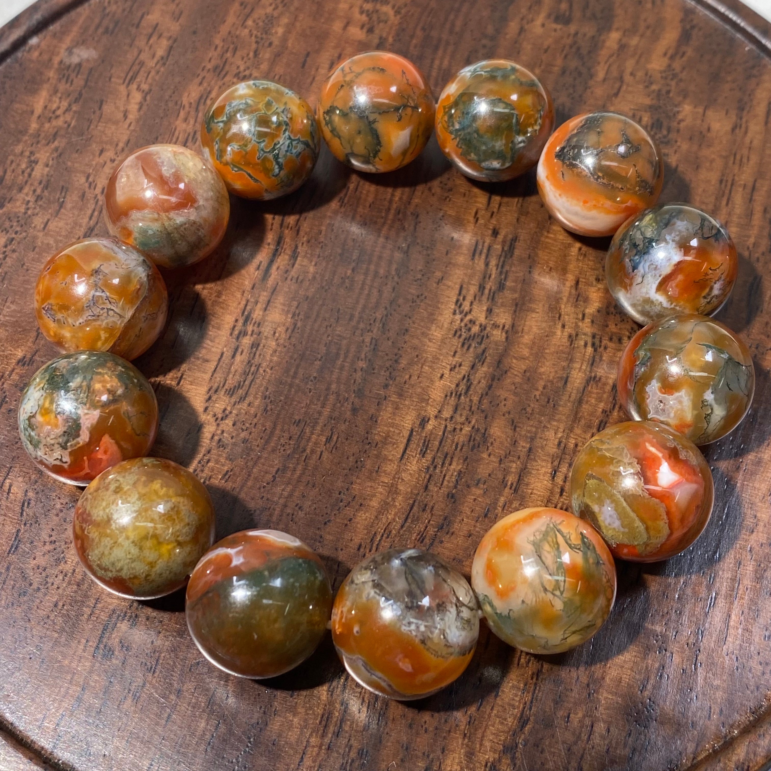 Natural Moss Agate Round Bead Stretch Bracelet, Bead Size 15.2mm, Fits 16cm Wrist