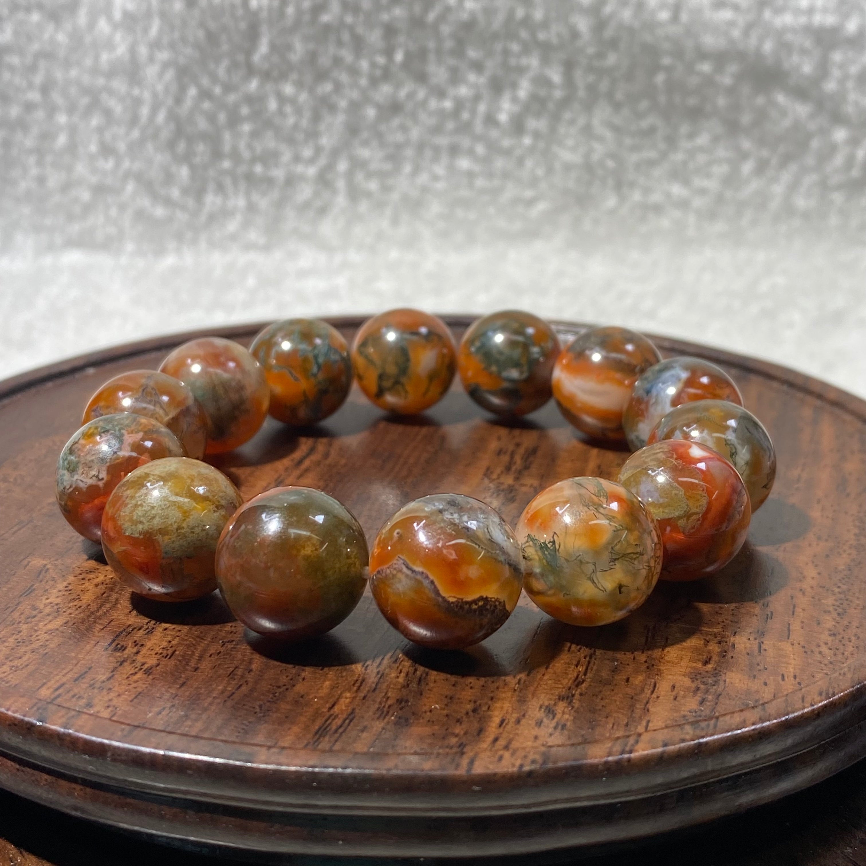 Natural Moss Agate Round Bead Stretch Bracelet, Bead Size 15.2mm, Fits 16cm Wrist